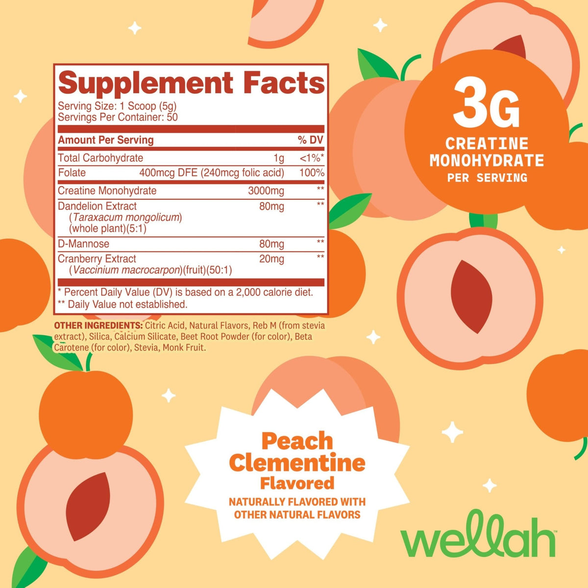 Wellah Creatine for Women - Creatine Monohydrate with Dandelion & Cranberry Extract (50 Servings, Clementine Peach) - PrimeBioHealth - canada supplements