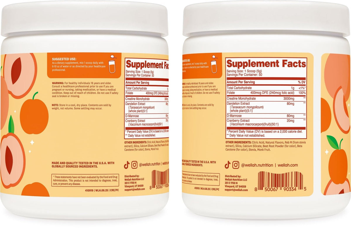 Wellah Creatine for Women - Creatine Monohydrate with Dandelion & Cranberry Extract (50 Servings, Clementine Peach) - PrimeBioHealth - canada supplements