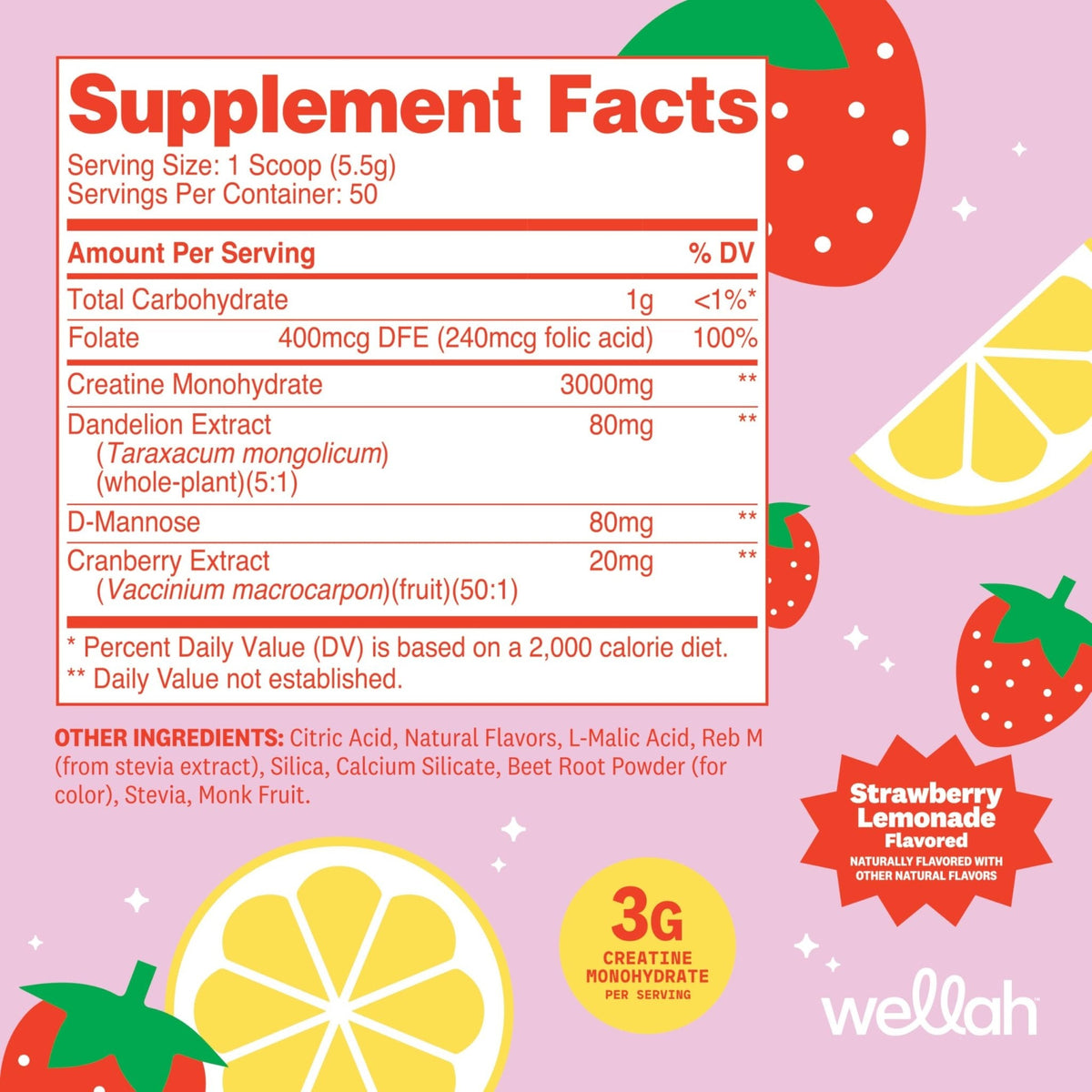 Wellah Creatine for Women - Creatine Monohydrate with Dandelion & Cranberry Extract (50 Servings, Strawberry Lemonade) - PrimeBioHealth - canada supplements
