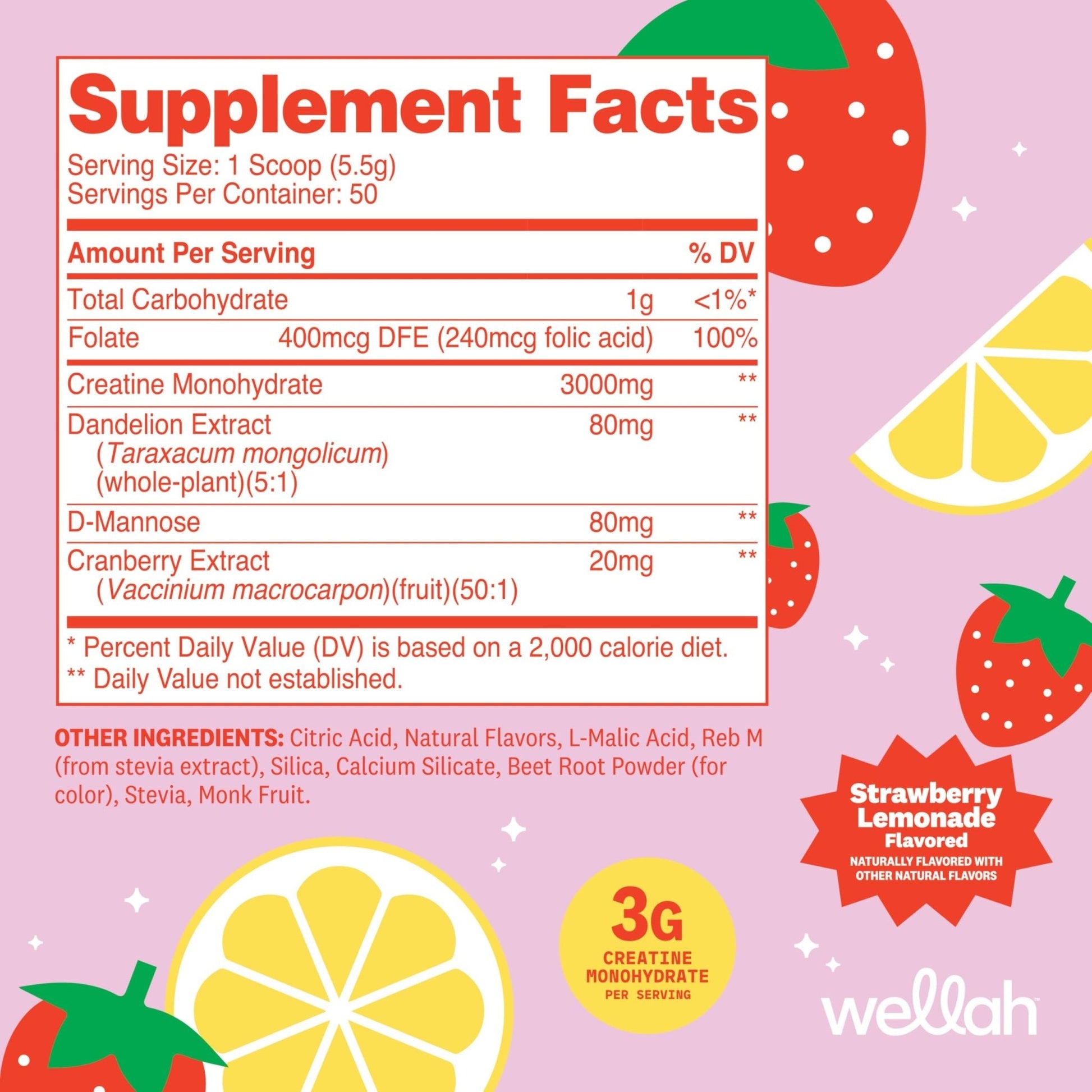 Wellah Creatine for Women - Creatine Monohydrate with Dandelion & Cranberry Extract (50 Servings, Strawberry Lemonade) - PrimeBioHealth - canada supplements