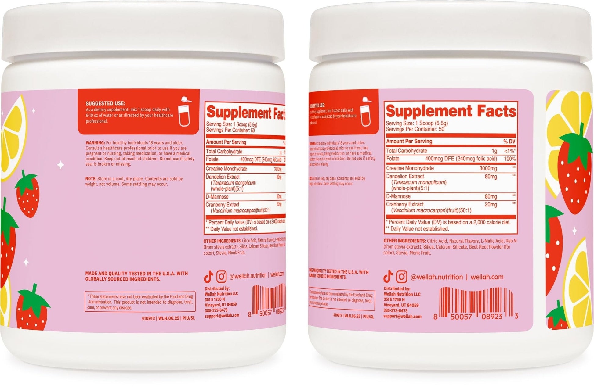 Wellah Creatine for Women - Creatine Monohydrate with Dandelion & Cranberry Extract (50 Servings, Strawberry Lemonade) - PrimeBioHealth - canada supplements