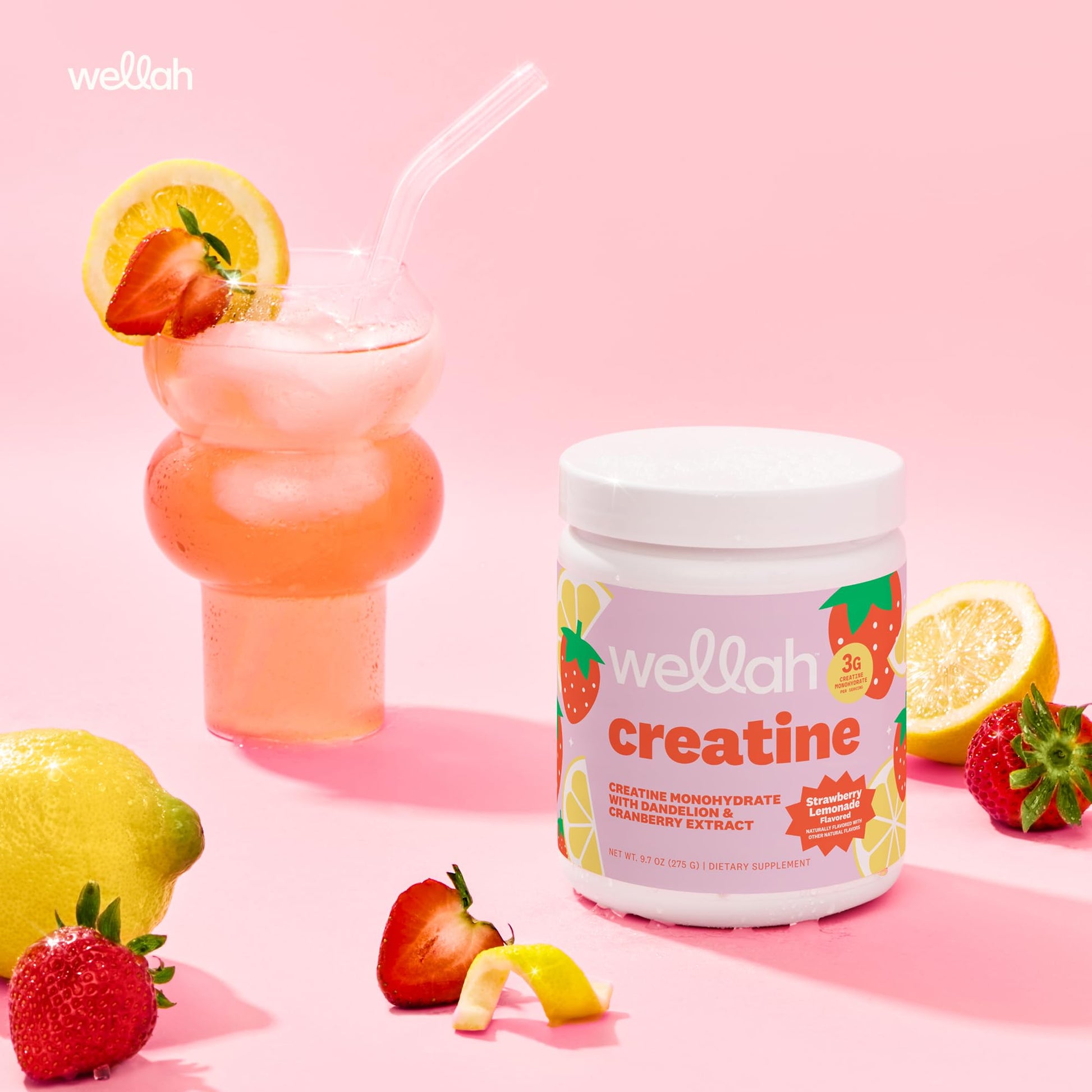 Wellah Creatine for Women - Creatine Monohydrate with Dandelion & Cranberry Extract (50 Servings, Strawberry Lemonade) - PrimeBioHealth - canada supplements