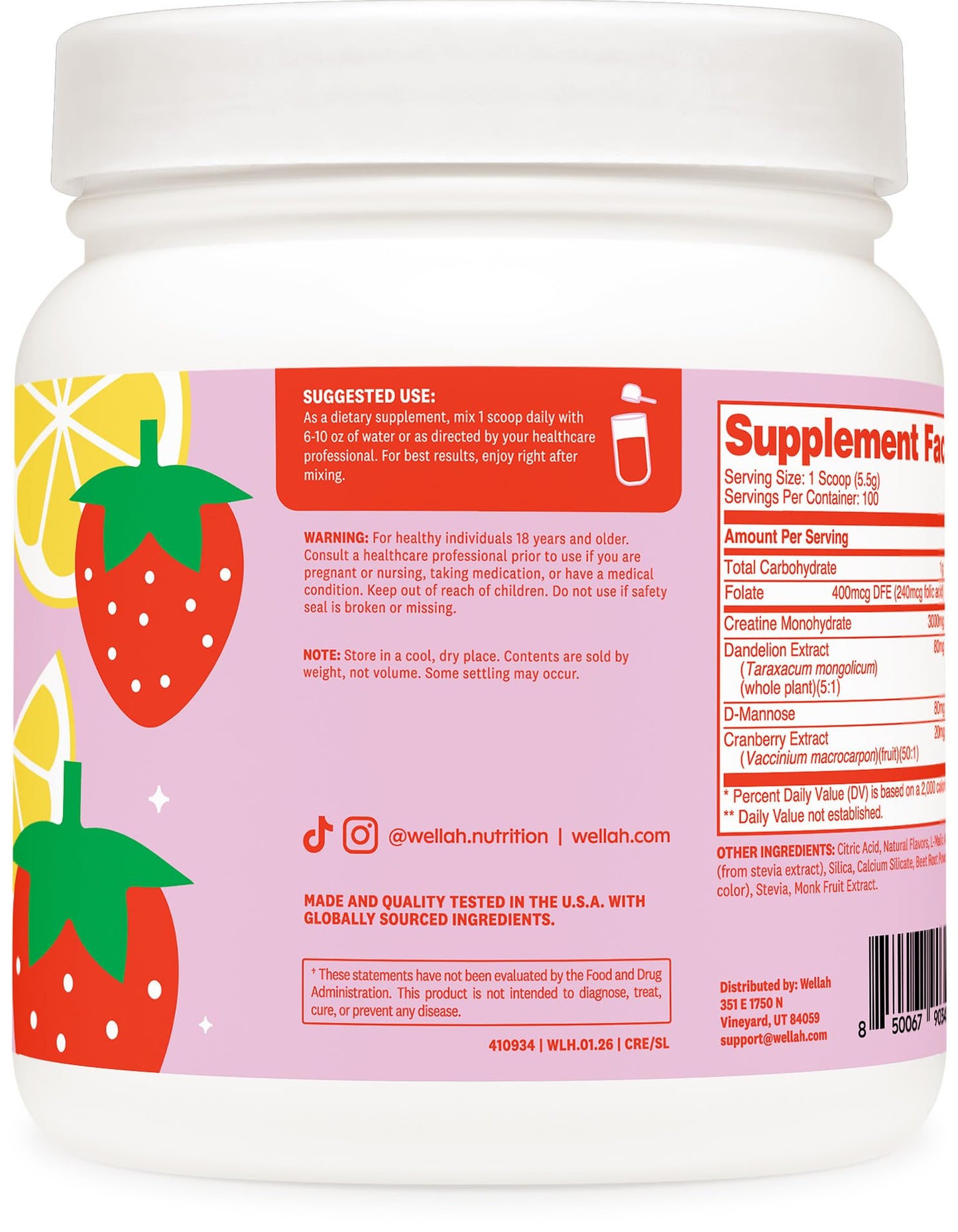 Wellah Creatine for Women - Creatine Monohydrate with Dandelion & Cranberry Extract (50 Servings, Strawberry Lemonade) | Creatine Monohydrate with Dandelion & Cranberry Extract - PrimeBioHealth - canada supplements