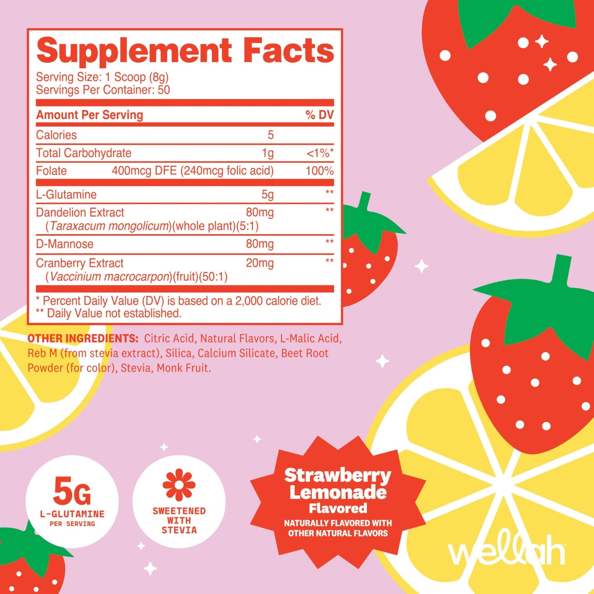 Wellah L-Glutamine Strawberry Lemonade Flavored (50 Servings) - 5g L-Glutamine Per Serving, Sweetened with Stevia - PrimeBioHealth - canada supplements