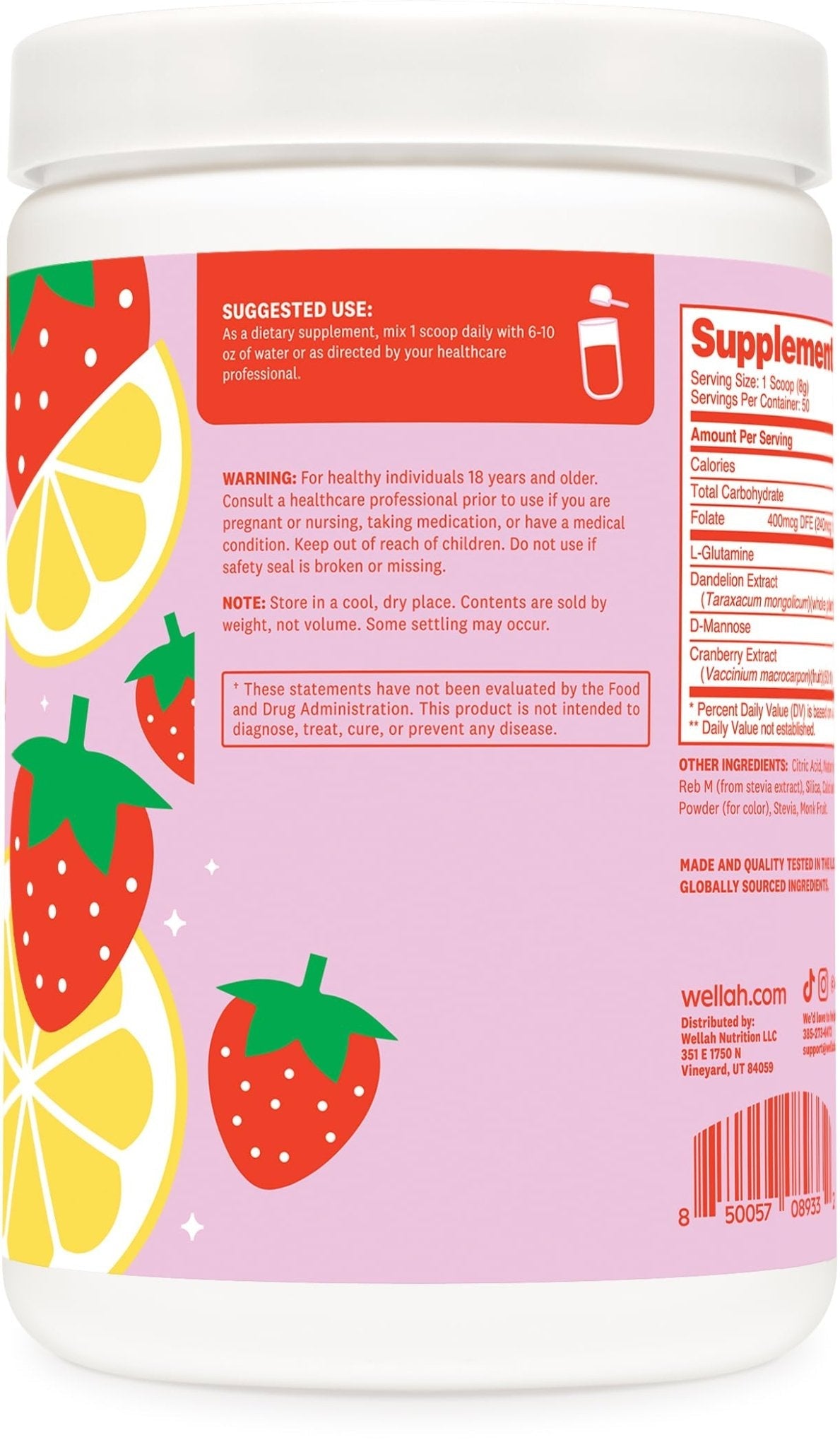 Wellah L-Glutamine Strawberry Lemonade Flavored (50 Servings) - 5g L-Glutamine Per Serving, Sweetened with Stevia - PrimeBioHealth - canada supplements