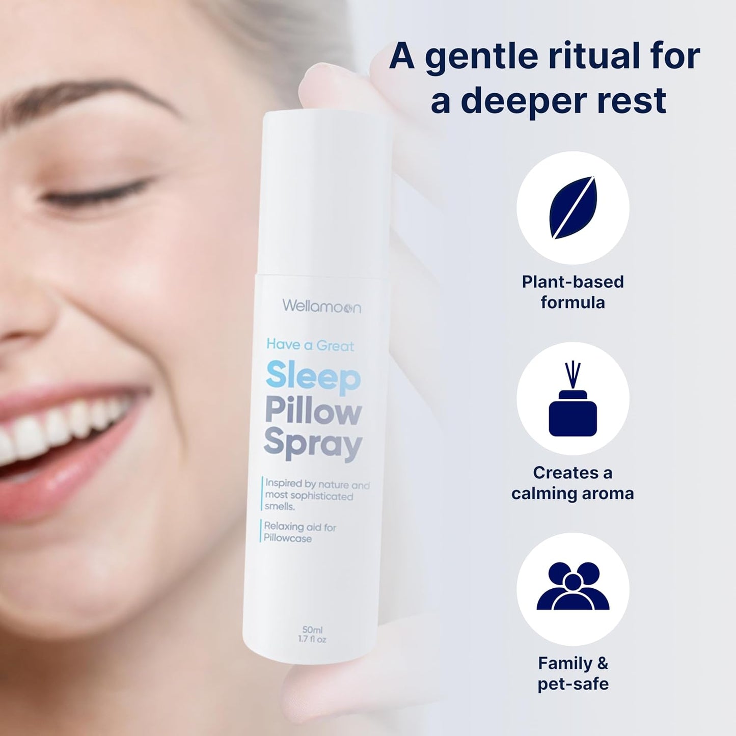 Wellamoon Sleep Spray - Calming Lavender Pillow Mist for Relaxation & Deep Sleep - Aromatherapy Bedding Spray Helps You Fall Asleep Faster - Soothing Bedtime Essential Oil Blend (50 ml.) - PrimeBioHealth - canada supplements