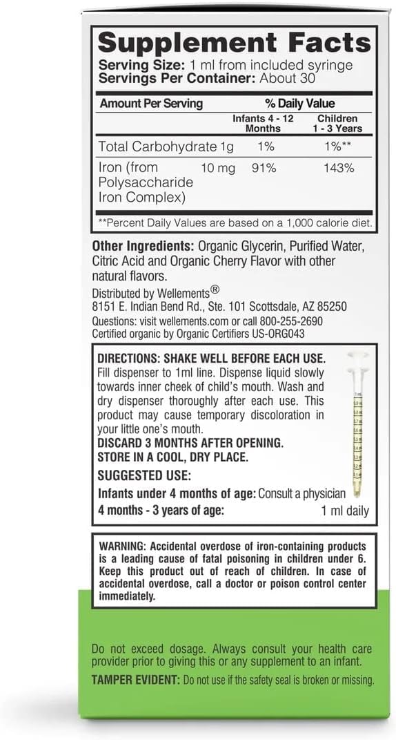 Wellements Organic Iron Drops for Newborn+ Babies (1 Fl Oz) - Cherry Flavor Liquid Iron Supplement for Infants - Toddler Iron Supplement for Kids (4months+ to 3 Years) - PrimeBioHealth - canada supplements