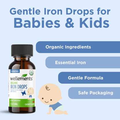 Wellements Organic Iron Drops for Newborn+ Babies (1 Fl Oz) - Cherry Flavor Liquid Iron Supplement for Infants - Toddler Iron Supplement for Kids (4months+ to 3 Years) - PrimeBioHealth - canada supplements