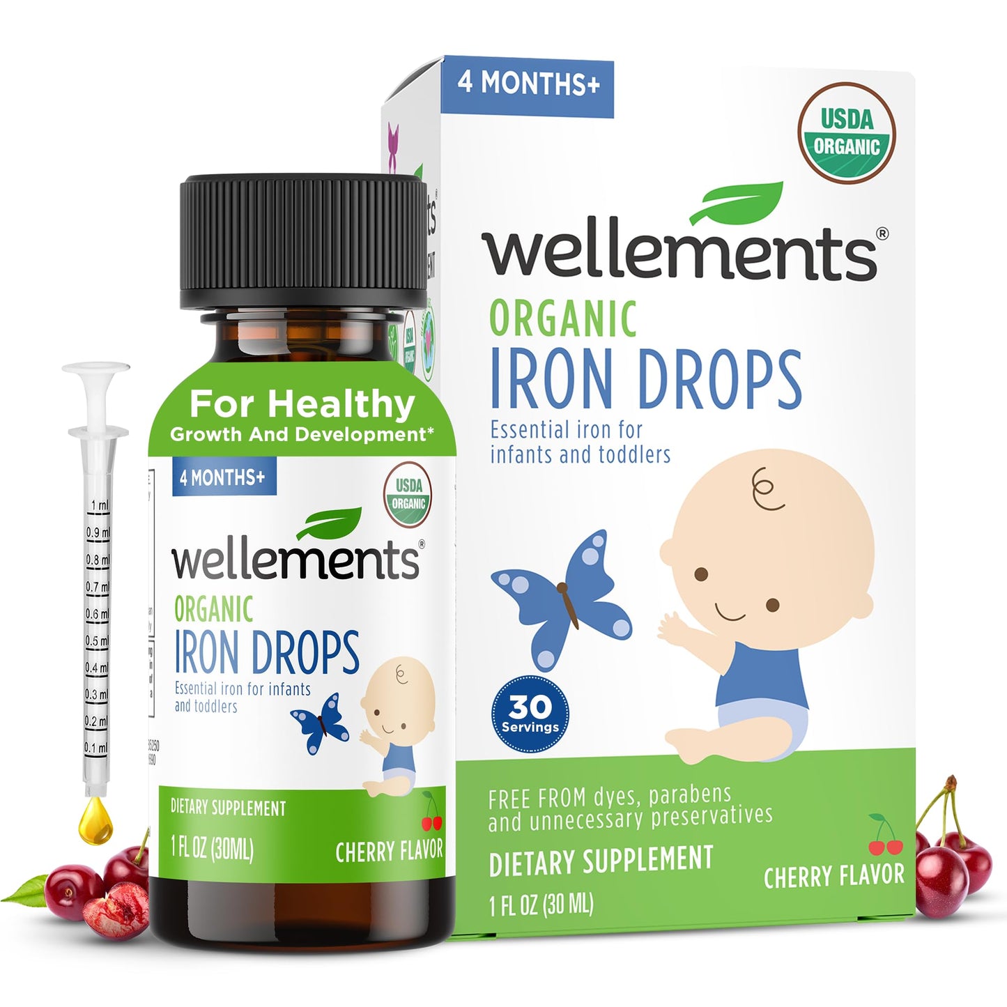 Wellements Organic Iron Drops for Newborn+ Babies (1 Fl Oz) - Cherry Flavor Liquid Iron Supplement for Infants - Toddler Iron Supplement for Kids (4months+ to 3 Years) - PrimeBioHealth - canada supplements