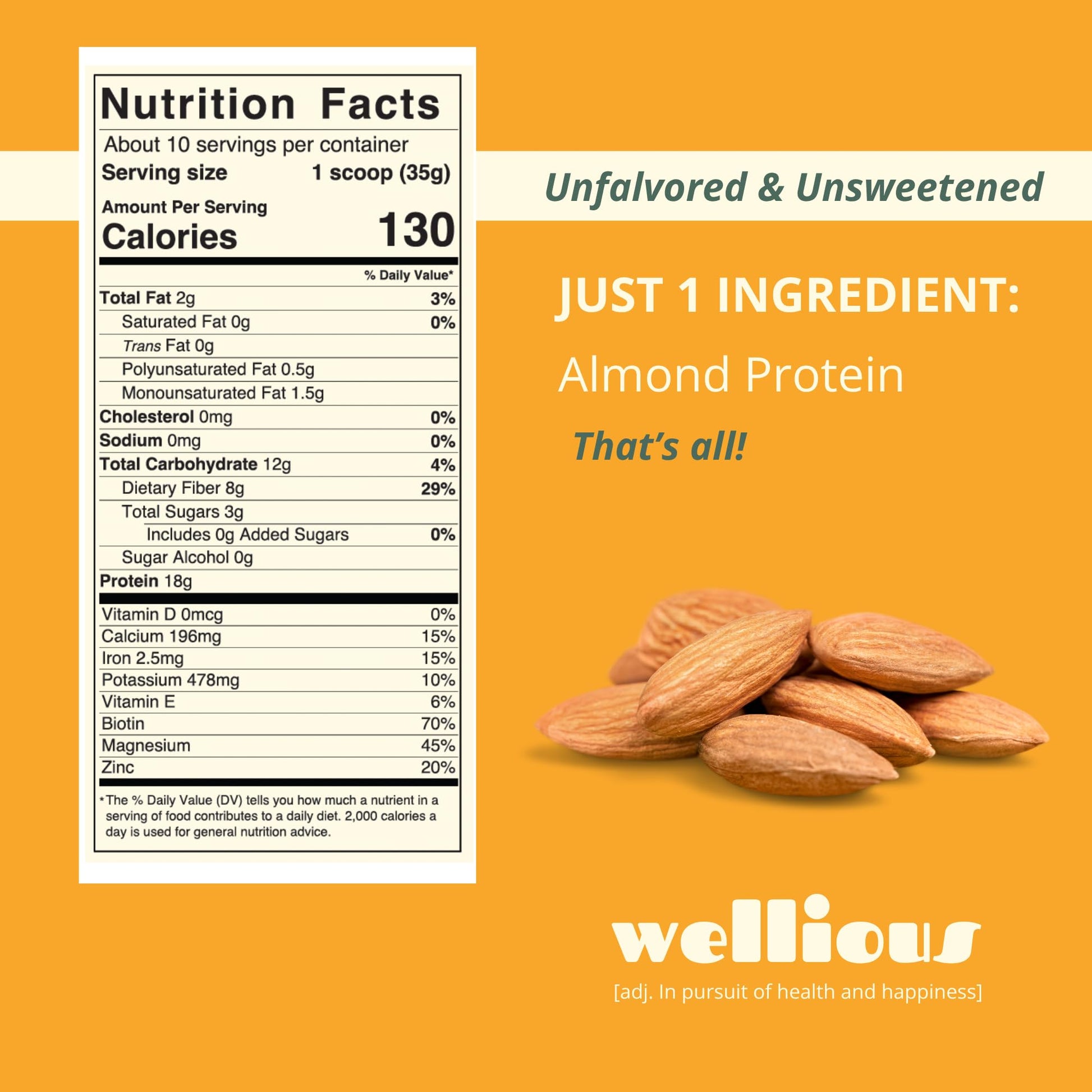 wellious Almond Protein Powder (Unflavored, Unsweetened) - 18 Grams of Pure Healthiest Vegan Protein for Women & Men | Soy-Free & Gut Friendly Protein - PrimeBioHealth - canada supplements
