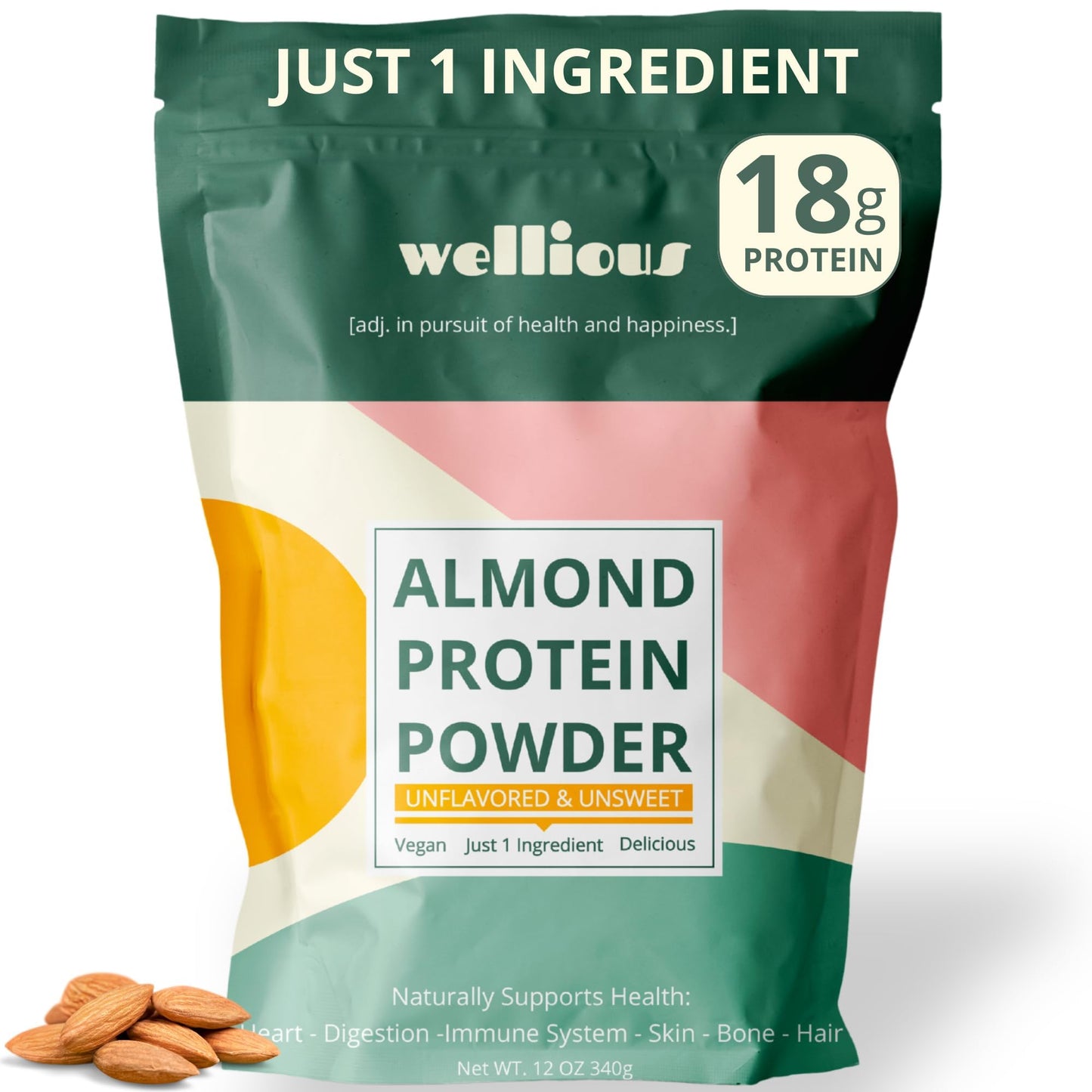 wellious Almond Protein Powder (Unflavored, Unsweetened) - 18 Grams of Pure Healthiest Vegan Protein for Women & Men | Soy-Free & Gut Friendly Protein - PrimeBioHealth - canada supplements