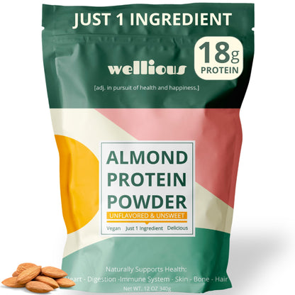 wellious Almond Protein Powder (Unflavored, Unsweetened) - 18 Grams of Pure Healthiest Vegan Protein for Women & Men | Soy-Free & Gut Friendly Protein - PrimeBioHealth - canada supplements