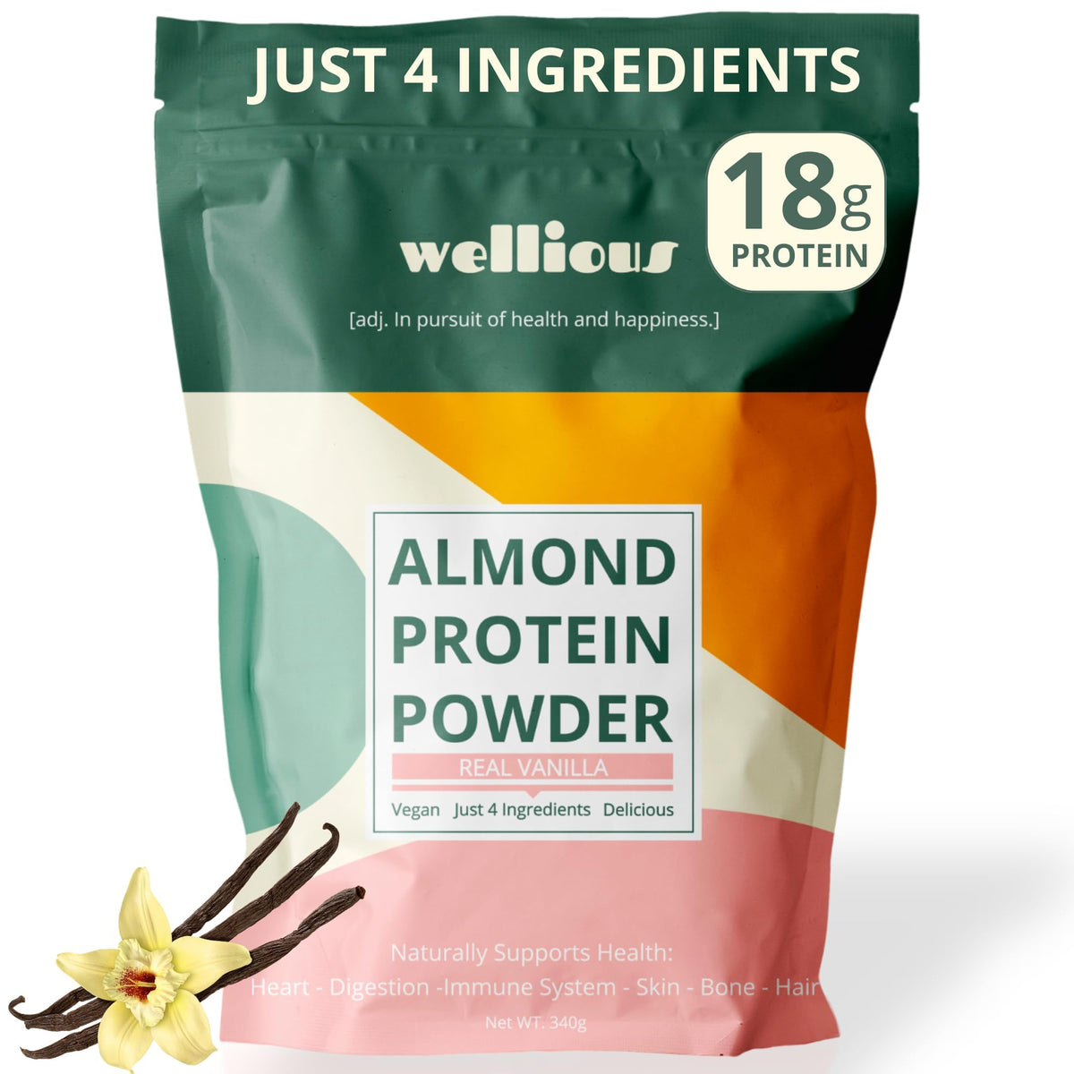 wellious Almond Protein Powder (Vanilla) - 18 Grams of Pure Healthiest Vegan Protein for Women & Men - Perfect Soy-Free & Smooth Gut Friendly Protein Powder for Sports Nutrition - PrimeBioHealth - canada supplements