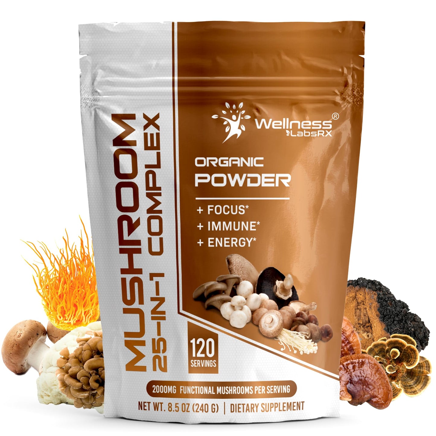 WELLNESS LABSRX Mushroom Powder, 25 in 1 Mushrooms Supplement - 2000mg, 25 Superfood Mishroom Lions Mane Powder with Chaga, Shiitake, Cordyceps, Reishi - Lion's Mane Mushroom - 120 Servings - PrimeBioHealth - canada supplements