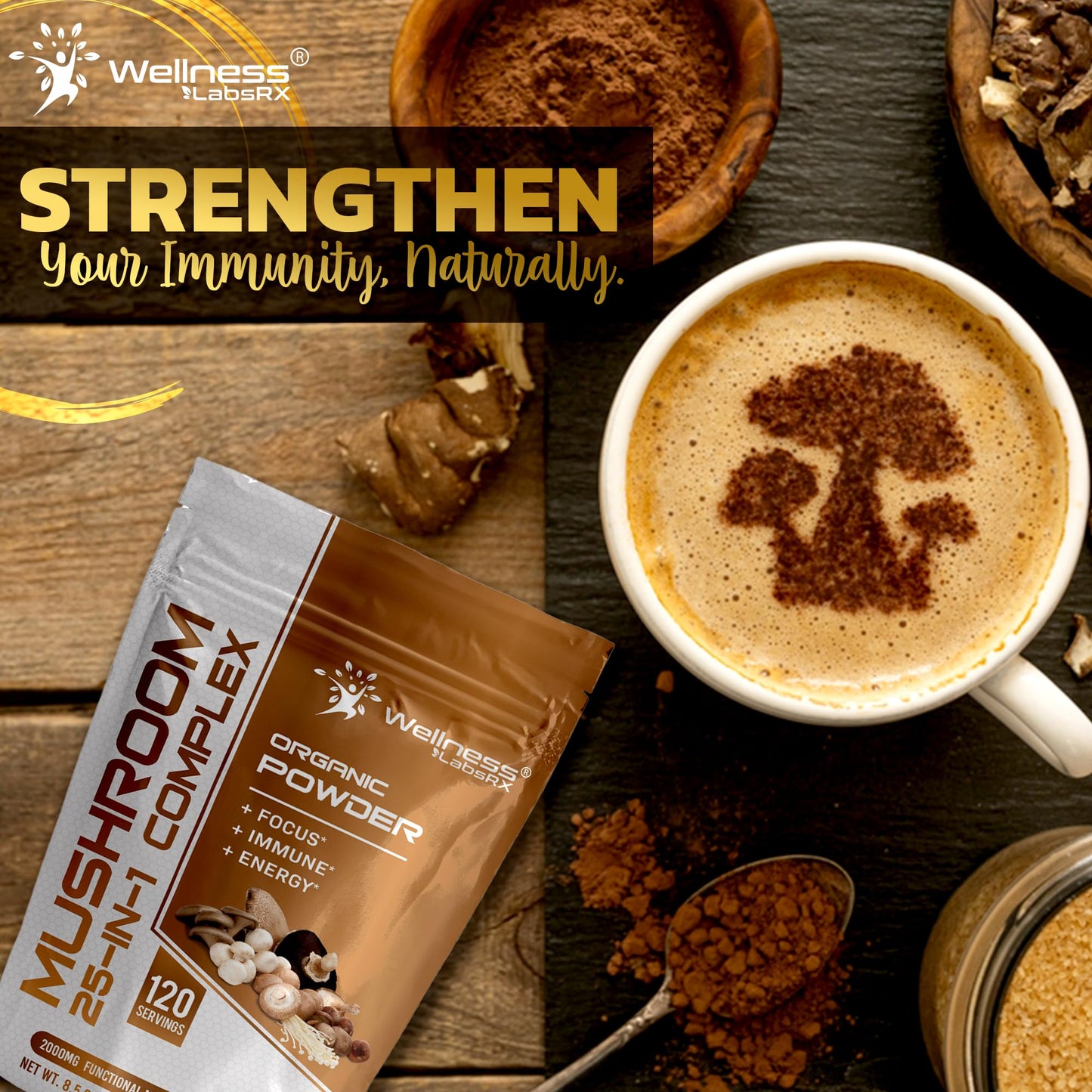 WELLNESS LABSRX Mushroom Powder, 25 in 1 Mushrooms Supplement - 2000mg, 25 Superfood Mishroom Lions Mane Powder with Chaga, Shiitake, Cordyceps, Reishi - Lion's Mane Mushroom - 120 Servings - PrimeBioHealth - canada supplements