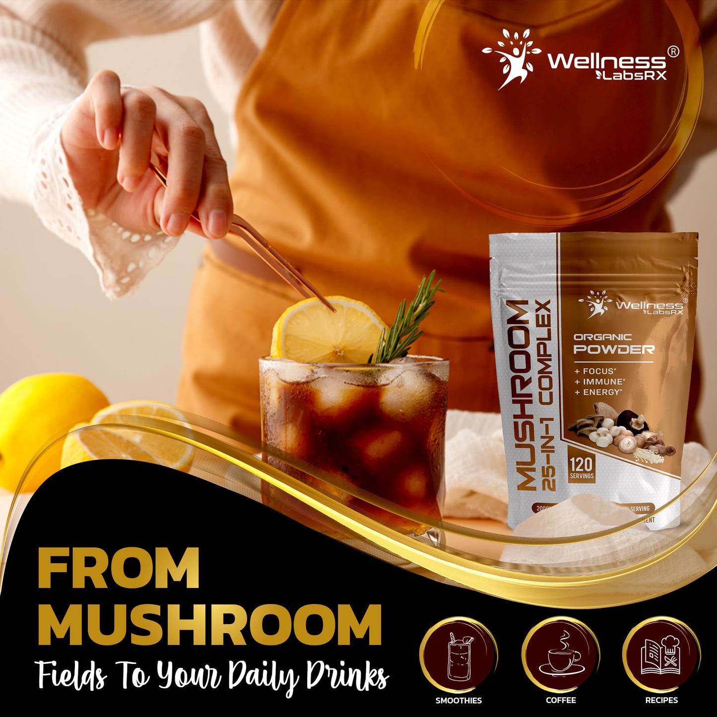 WELLNESS LABSRX Mushroom Powder, 25 in 1 Mushrooms Supplement - 2000mg, 25 Superfood Mishroom Lions Mane Powder with Chaga, Shiitake, Cordyceps, Reishi - Lion's Mane Mushroom - 120 Servings - PrimeBioHealth - canada supplements