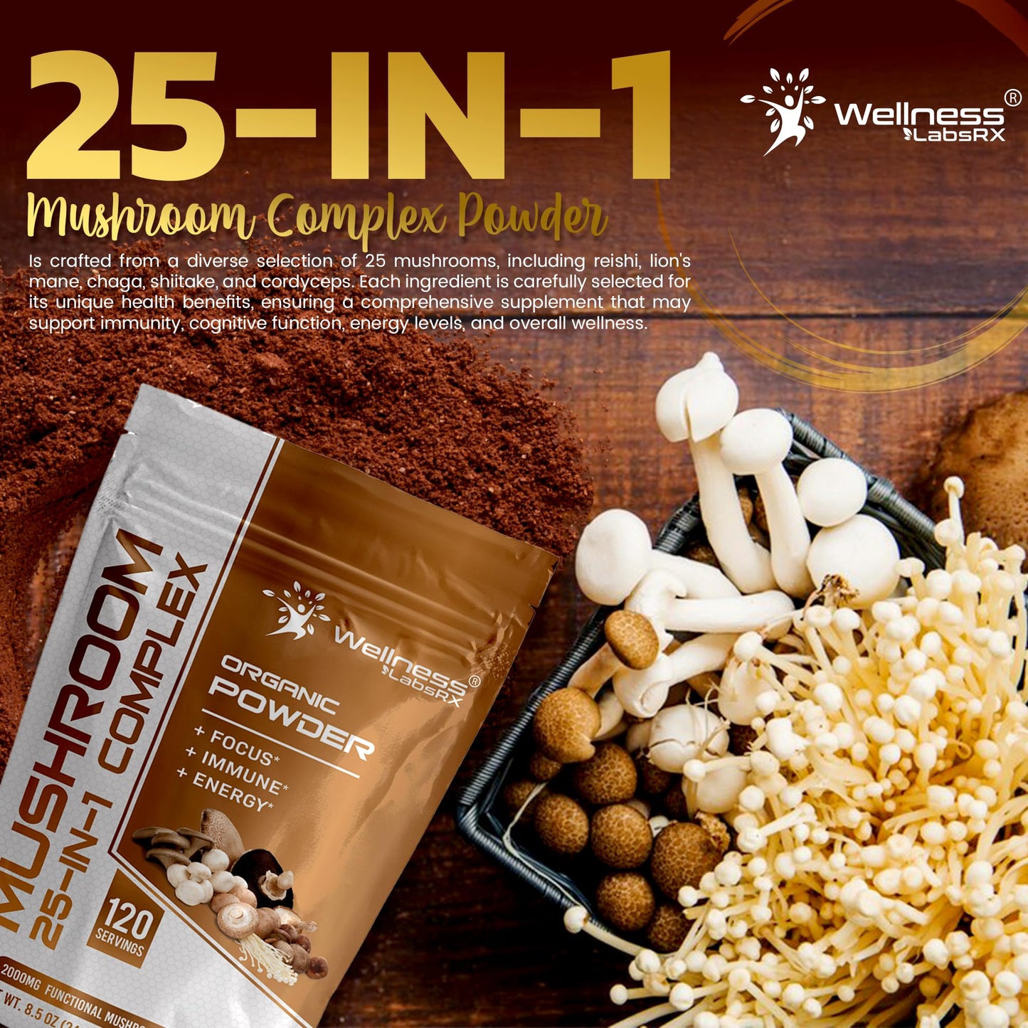 WELLNESS LABSRX Mushroom Powder, 25 in 1 Mushrooms Supplement - 2000mg, 25 Superfood Mishroom Lions Mane Powder with Chaga, Shiitake, Cordyceps, Reishi - Lion's Mane Mushroom - 120 Servings - PrimeBioHealth - canada supplements