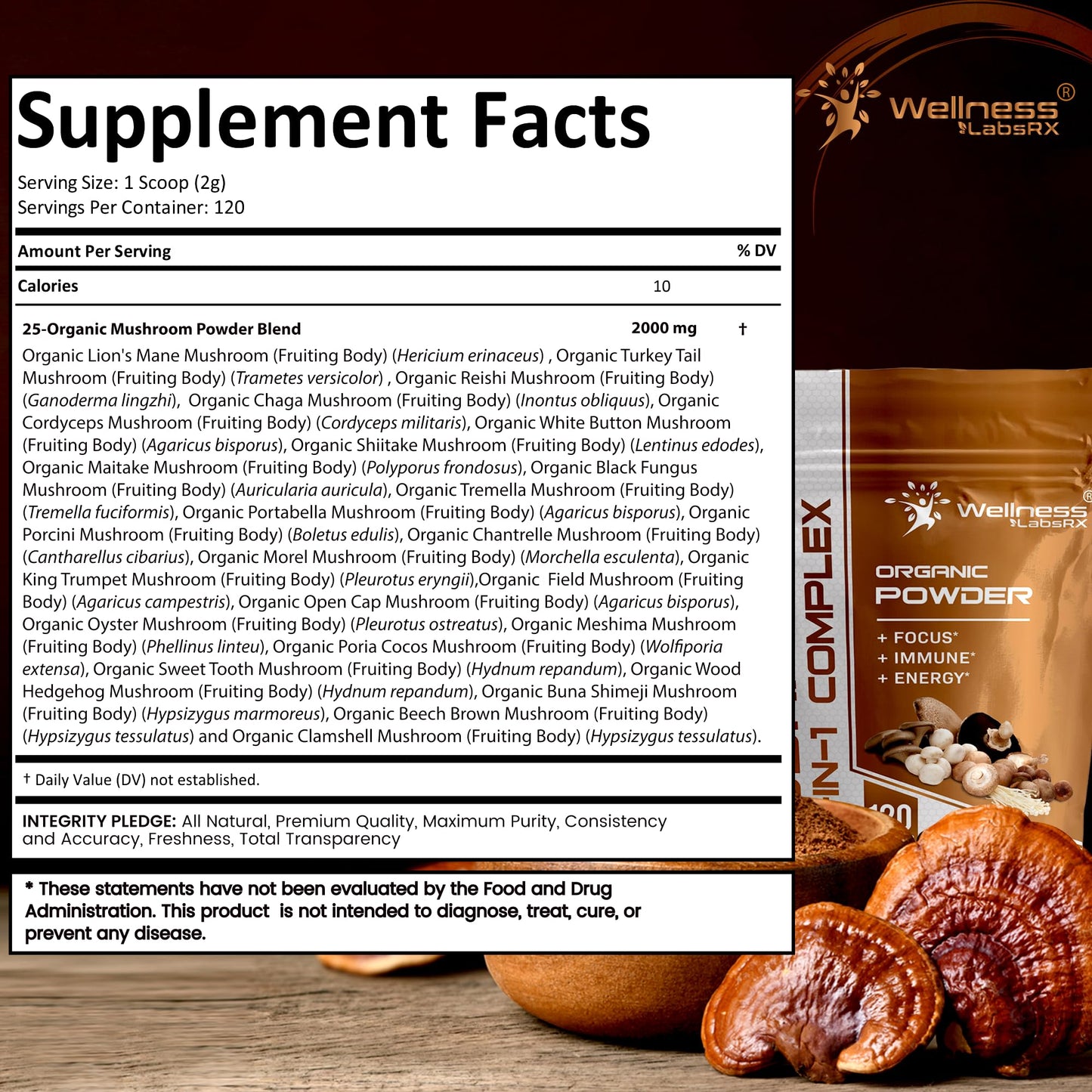 WELLNESS LABSRX Mushroom Powder, 25 in 1 Mushrooms Supplement - 2000mg, 25 Superfood Mishroom Lions Mane Powder with Chaga, Shiitake, Cordyceps, Reishi - Lion's Mane Mushroom - 120 Servings - PrimeBioHealth - canada supplements