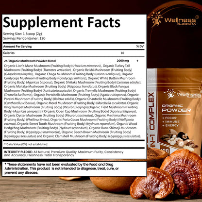 WELLNESS LABSRX Mushroom Powder, 25 in 1 Mushrooms Supplement - 2000mg, 25 Superfood Mishroom Lions Mane Powder with Chaga, Shiitake, Cordyceps, Reishi - Lion's Mane Mushroom - 120 Servings - PrimeBioHealth - canada supplements