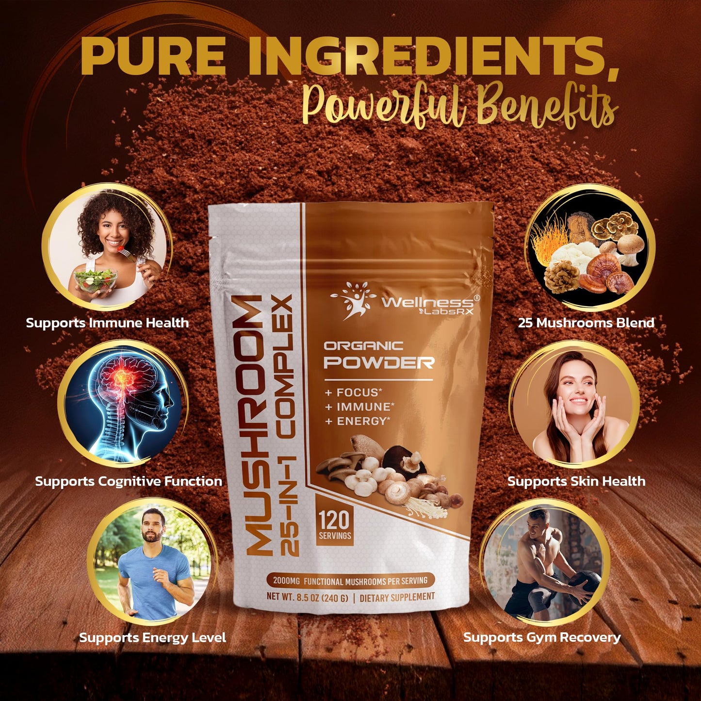 WELLNESS LABSRX Mushroom Powder, 25 in 1 Mushrooms Supplement - 2000mg, 25 Superfood Mishroom Lions Mane Powder with Chaga, Shiitake, Cordyceps, Reishi - Lion's Mane Mushroom - 120 Servings - PrimeBioHealth - canada supplements