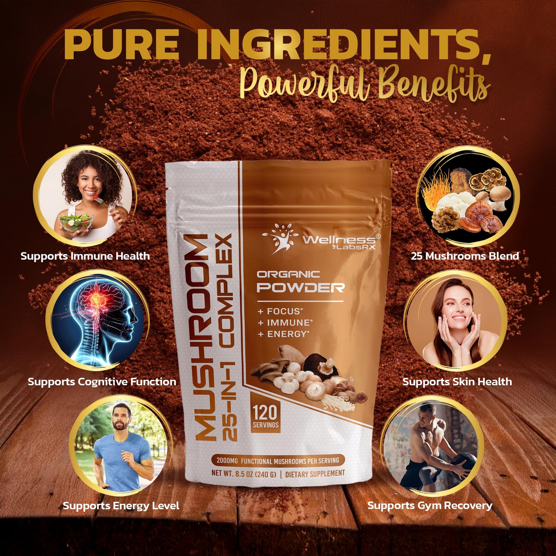 WELLNESS LABSRX Mushroom Powder, 25 in 1 Mushrooms Supplement - 2000mg, 25 Superfood Mishroom Lions Mane Powder with Chaga, Shiitake, Cordyceps, Reishi - Lion's Mane Mushroom - 120 Servings - PrimeBioHealth - canada supplements