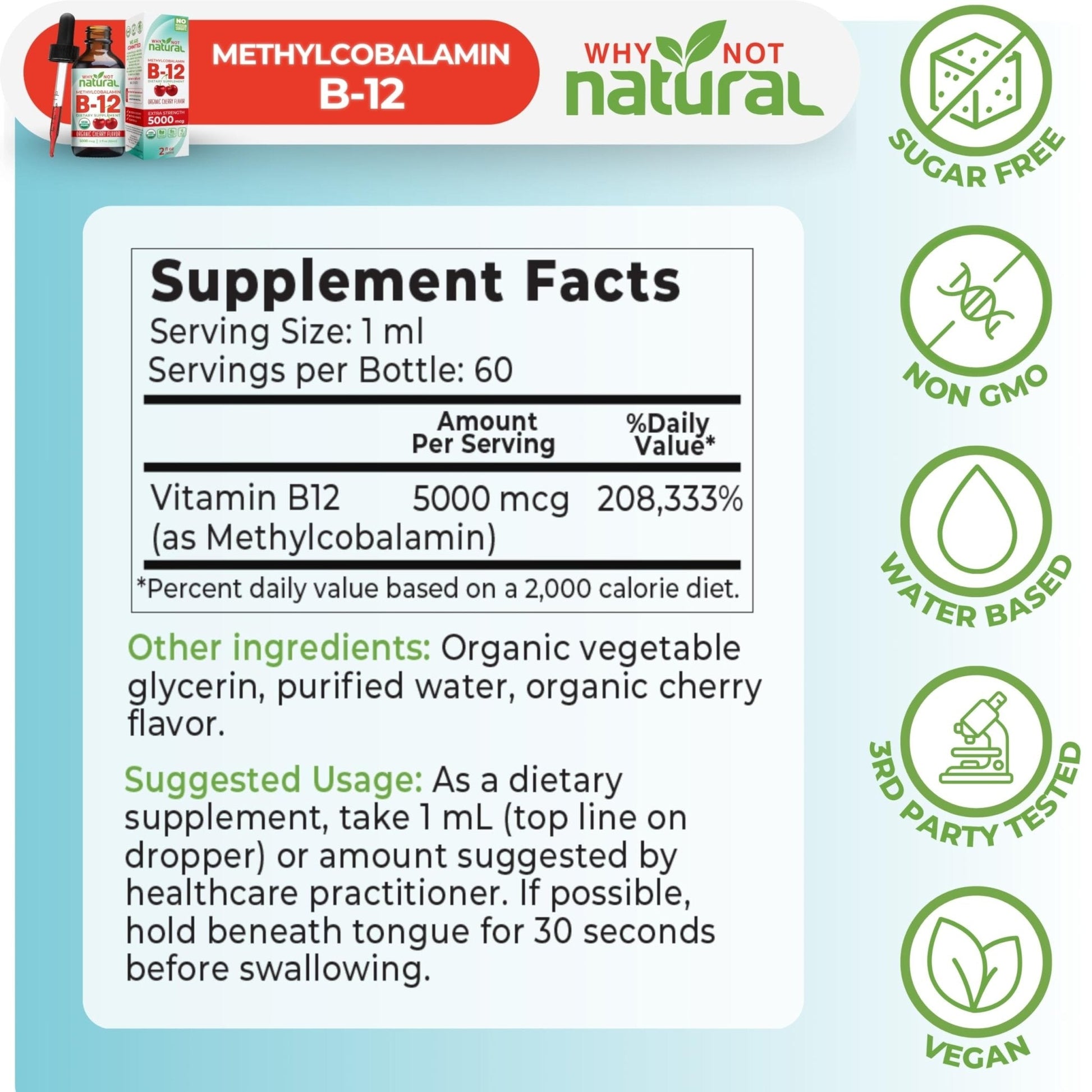 Why Not Natural Organic Vitamin B12 Liquid - Sublingual Extra Strength 60 x 5000 mcg Methylcobalamin Drops, Vegan, - PrimeBioHealth - canada supplements