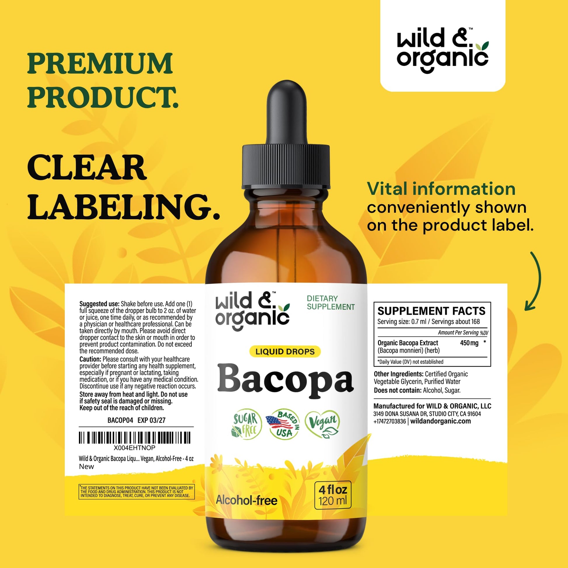 Wild & Organic Bacopa Monnieri Supplement - Brain & Focus Support - Bacopa Extract Liquid Drops - Brahmi Herb Tincture to Add to Tea - 5-Month Supply - Vegan, Sugar & Alcohol-Free - 4 fl oz - PrimeBioHealth - canada supplements