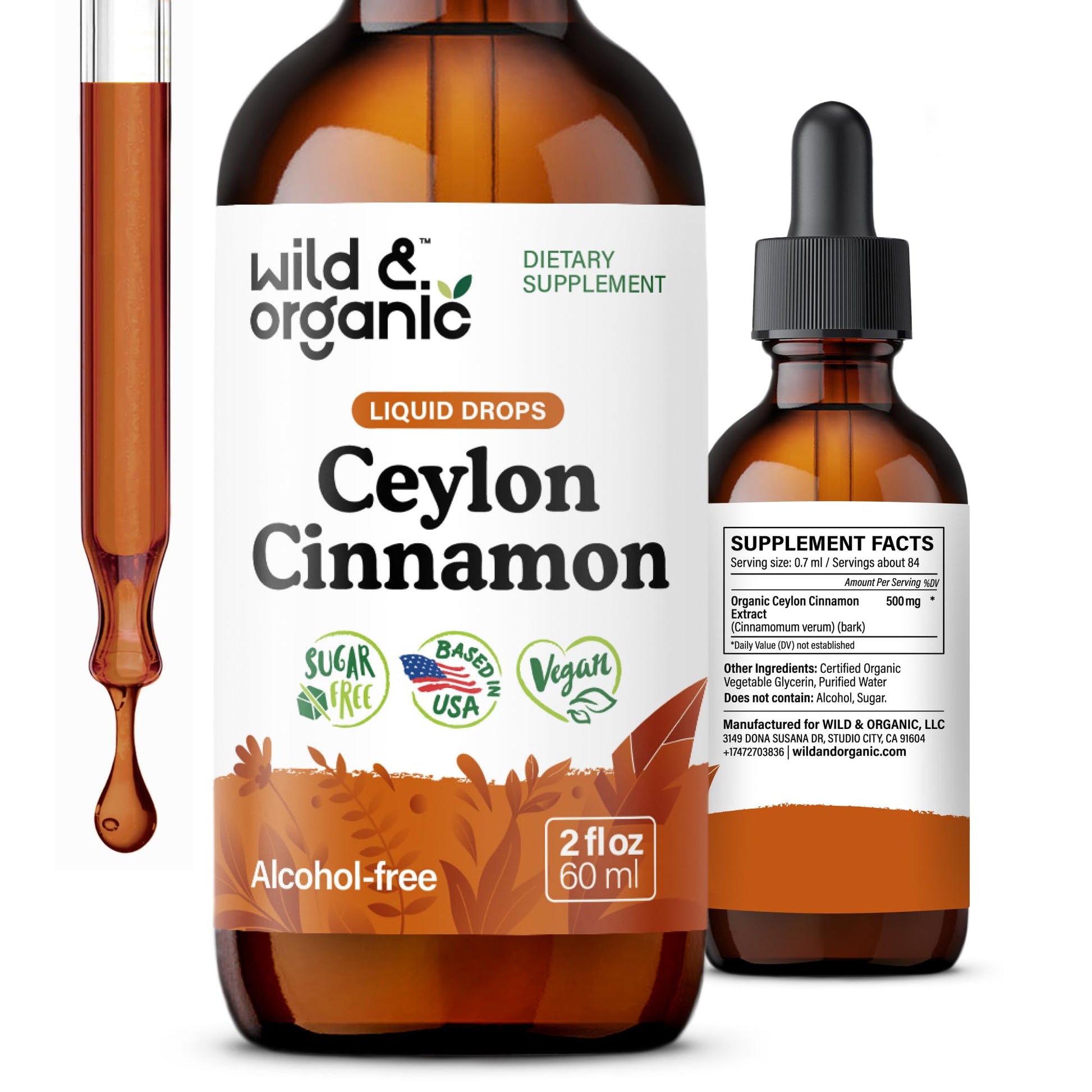 Wild & Organic Ceylon Cinnamon Supplements 500mg - Antioxidant Support - Ceylon Cinnamon Drops - Add to Tea Liquid Extract - Cinnamomum Verum Bark - Unflavored, Sugar & Alcohol-Free Tincture - 4 fl oz - PrimeBioHealth - canada supplements