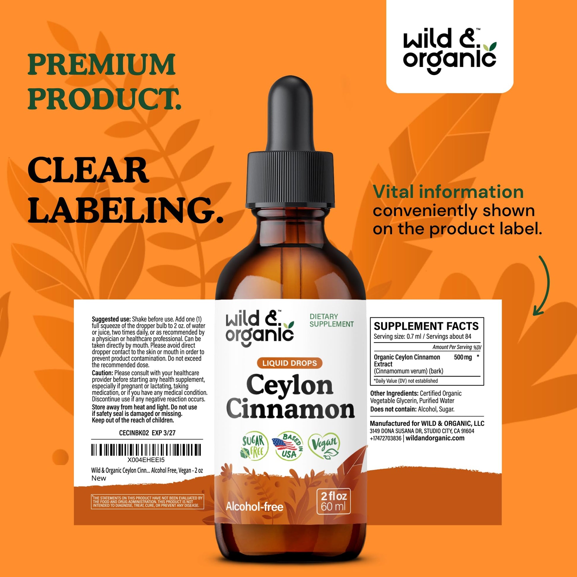 Wild & Organic Ceylon Cinnamon Supplements 500mg - Antioxidant Support - Ceylon Cinnamon Drops - Add to Tea Liquid Extract - Cinnamomum Verum Bark - Unflavored, Sugar & Alcohol-Free Tincture - 4 fl oz - PrimeBioHealth - canada supplements