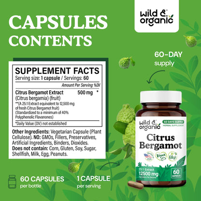 Wild & Organic Citrus Bergamot Capsules - Antioxidant & Overall Support - Citrus Bergamot Extract Capsules - Bergamia Fruit Powder Supplement - PrimeBioHealth - canada supplements