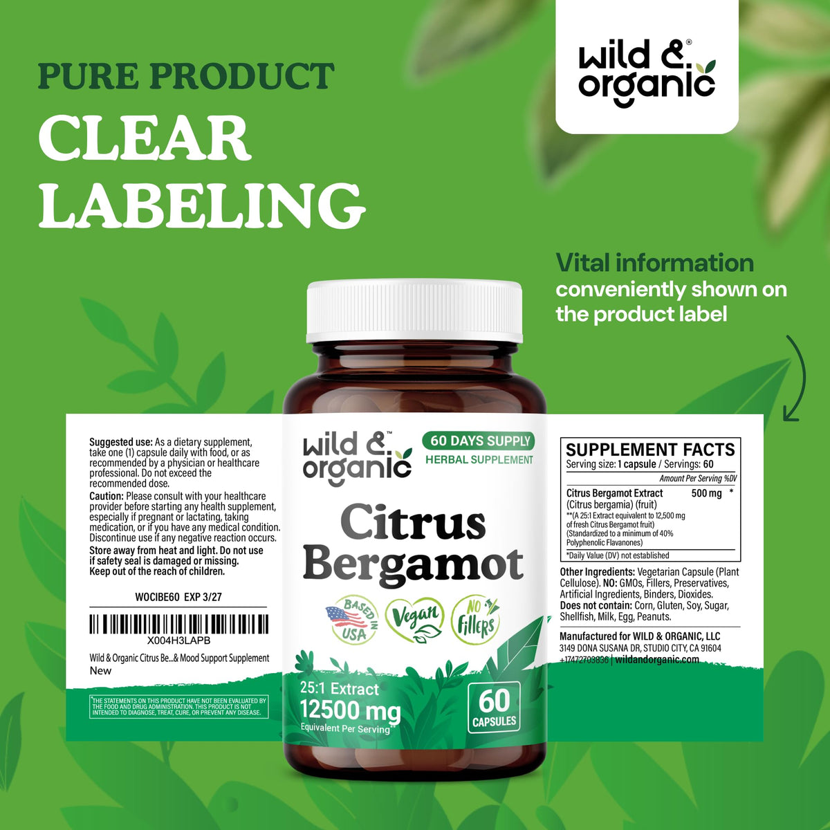 Wild & Organic Citrus Bergamot Capsules - Antioxidant & Overall Support - Citrus Bergamot Extract Capsules - Bergamia Fruit Powder Supplement - PrimeBioHealth - canada supplements