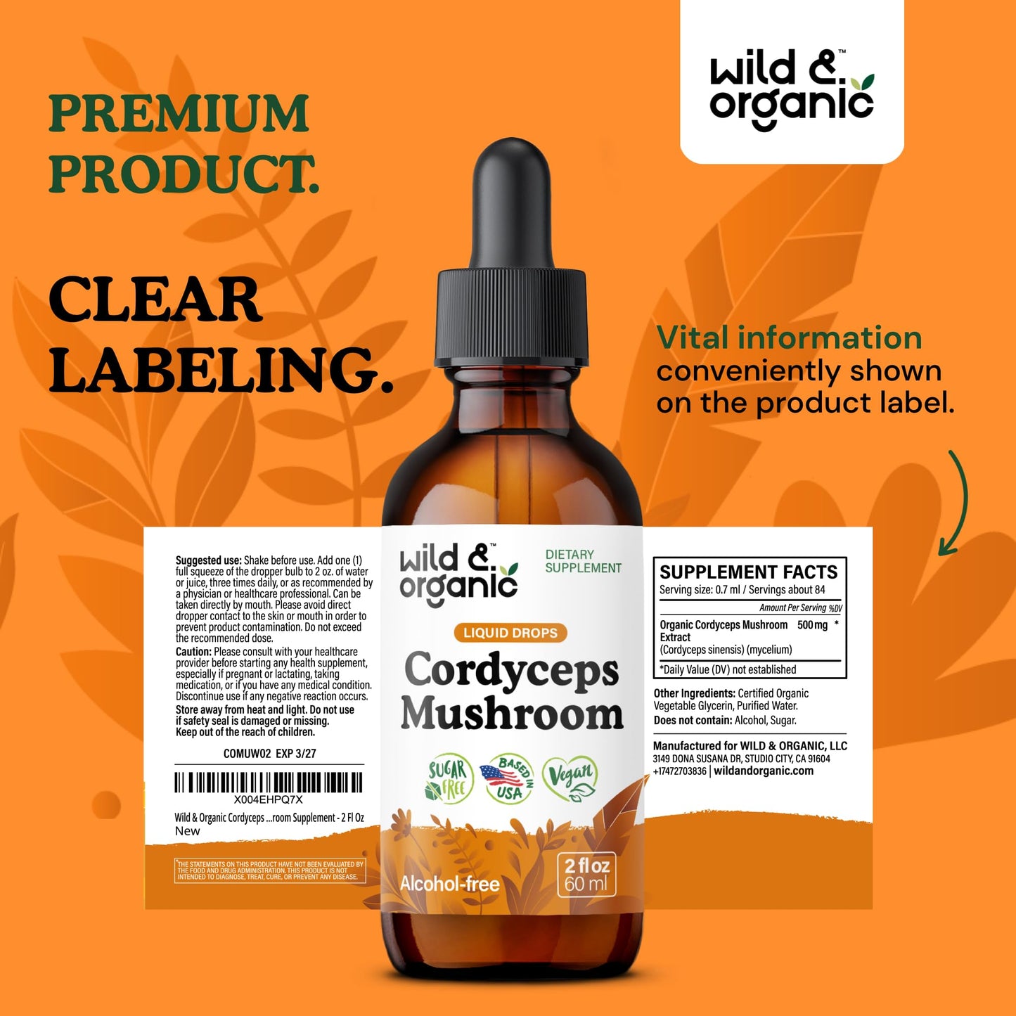 Wild & Organic Cordyceps Mushroom Tincture - Energy & Immune Support - Cordyceps Sinensis Extract Supplement - Liquid Mushroom Drops - Add to Tea & Mix with Powder - Sugar & Alcohol-Free - 4 fl oz - PrimeBioHealth - canada supplements