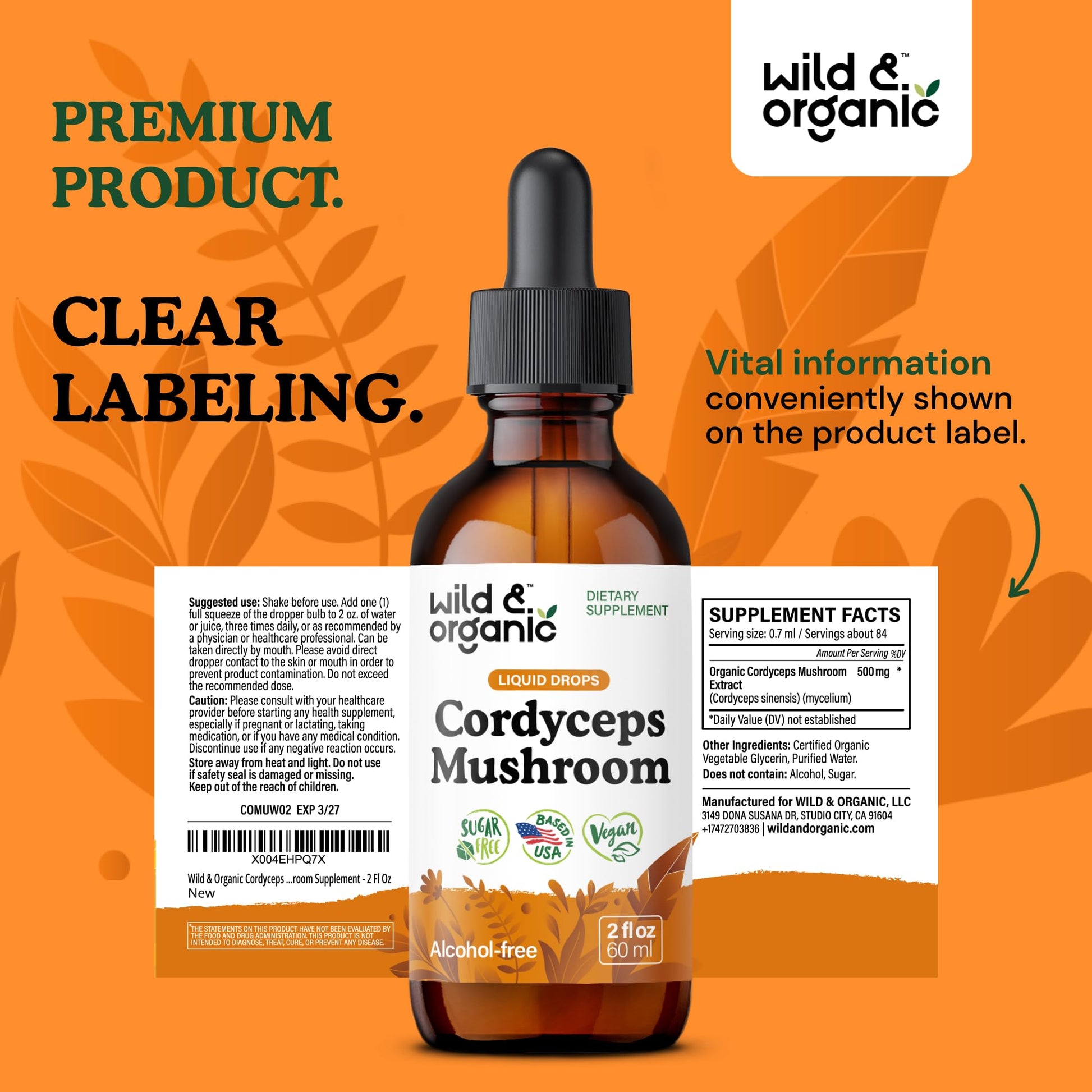 Wild & Organic Cordyceps Mushroom Tincture - Energy & Immune Support - Cordyceps Sinensis Extract Supplement - Liquid Mushroom Drops - Add to Tea & Mix with Powder - Sugar & Alcohol-Free - 4 fl oz - PrimeBioHealth - canada supplements