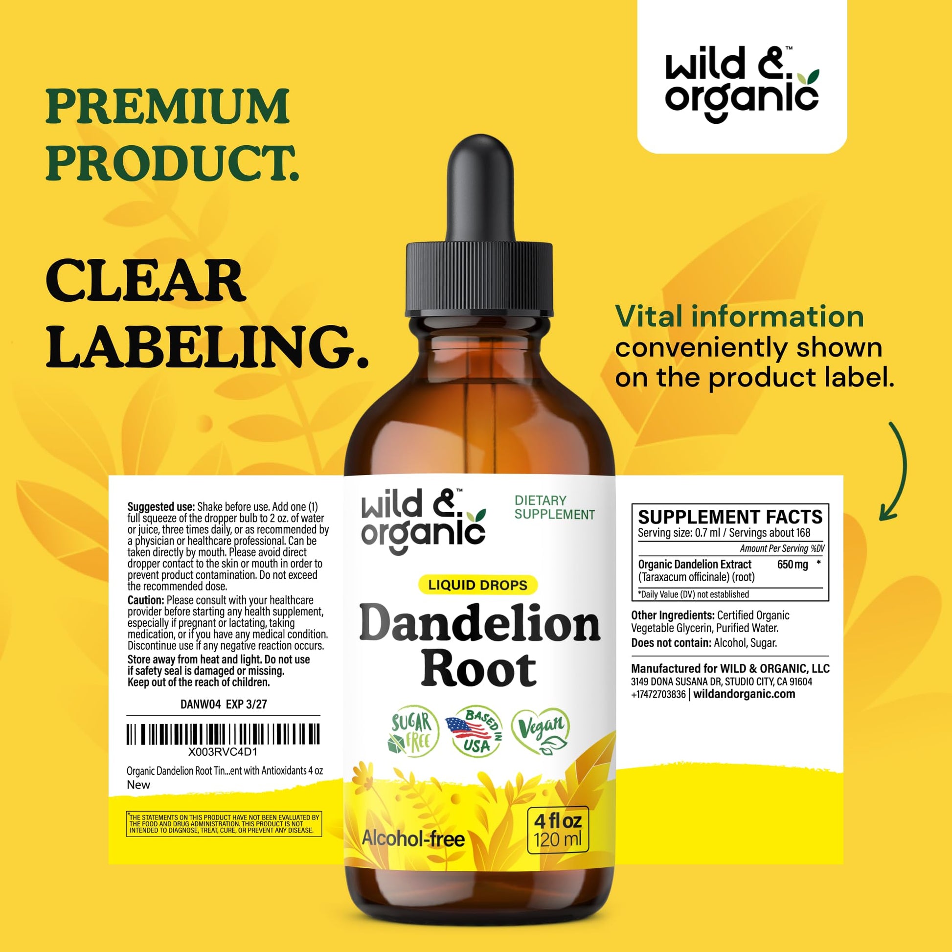 Wild & Organic Dandelion Root Extract Drops - Liver Cleanse Detox - Herbal Dandelion Tincture - Liver Support Supplement - Add to Tea - Vegan, Sugar & Alcohol-Free Liquid Drops - 4 fl oz - PrimeBioHealth - canada supplements