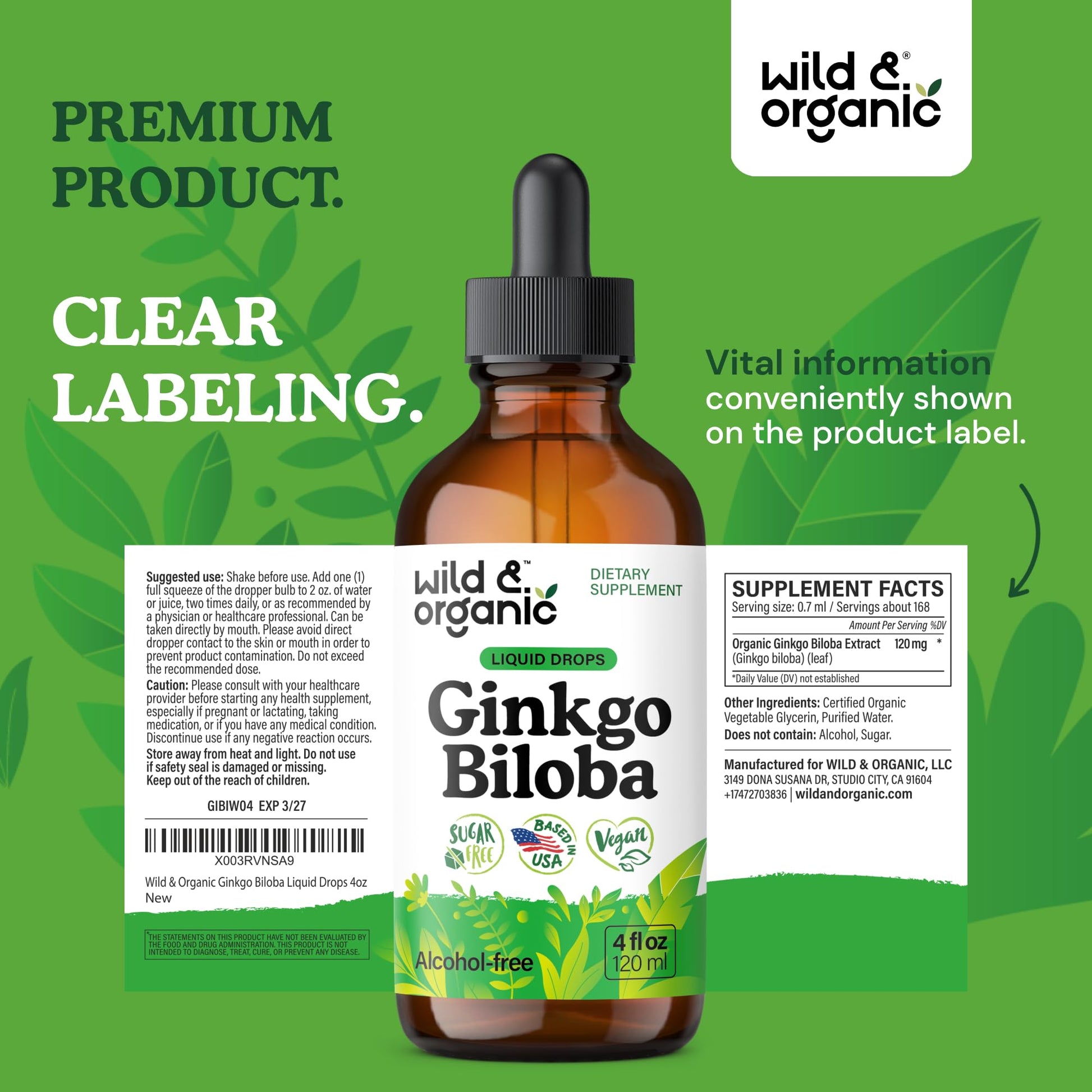 Wild & Organic Ginkgo Biloba Extract Drops - Brain & Focus Support - Liquid Ginkgo Biloba Supplements - Vegan, Sugar & Alcohol-Free Herbal Tincture - 4 fl oz - PrimeBioHealth - canada supplements