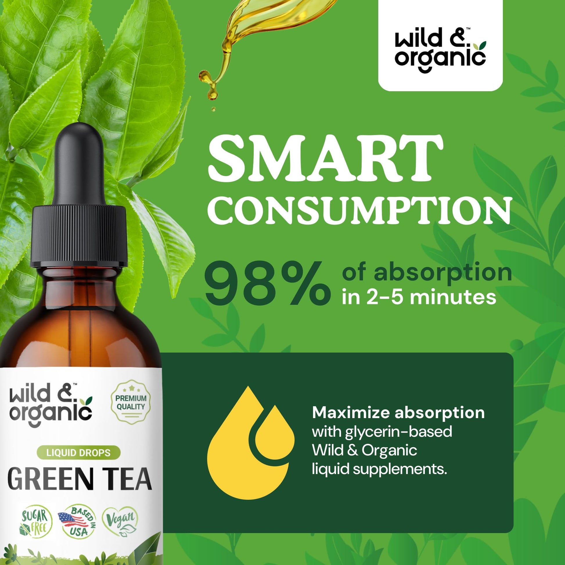 Wild & Organic Green Tea Extract Liquid Drops - Antioxidant Support - Pure Green Tea Supplement - 84-Day Supply - Vegan, Sugar & Alcohol-Free Camellia Sinensis Tincture - 4 fl oz - PrimeBioHealth - canada supplements