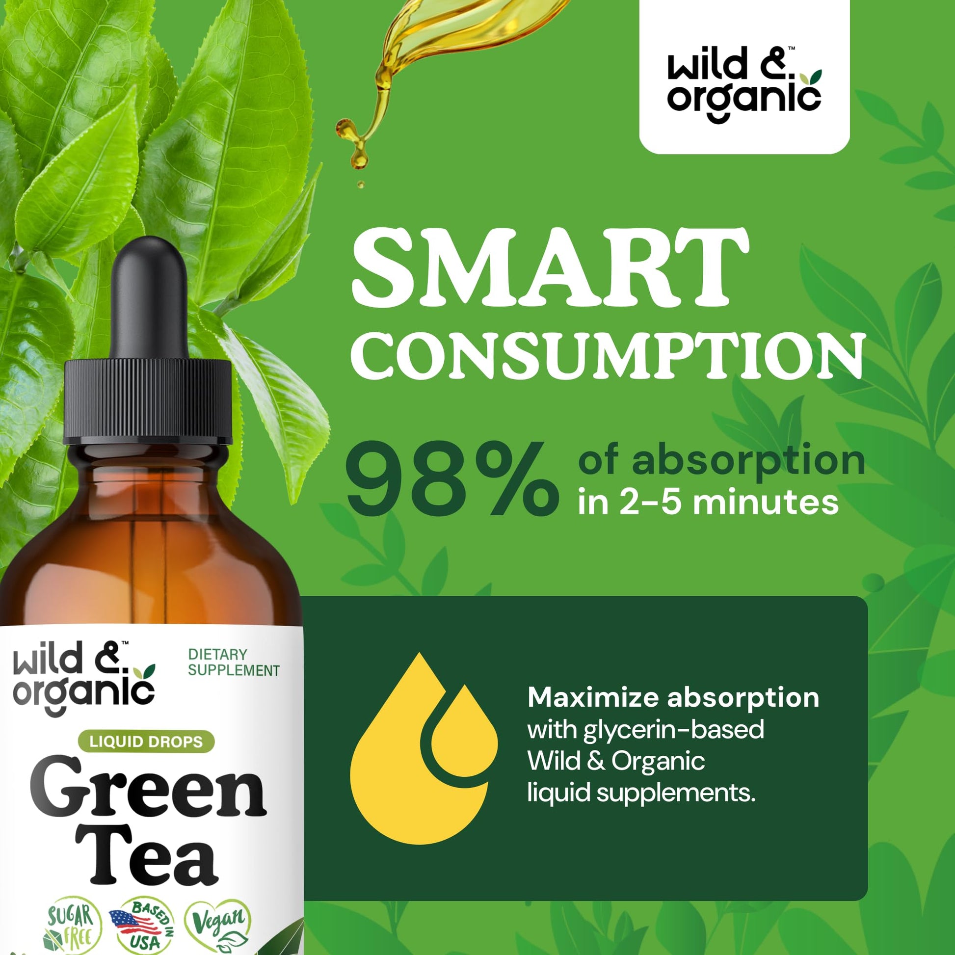 Wild & Organic Green Tea Extract Liquid Drops - Antioxidant Support - Pure Green Tea Supplement - 84-Day Supply - Vegan, Sugar & Alcohol-Free Camellia Sinensis Tincture - 4 fl oz - PrimeBioHealth - canada supplements