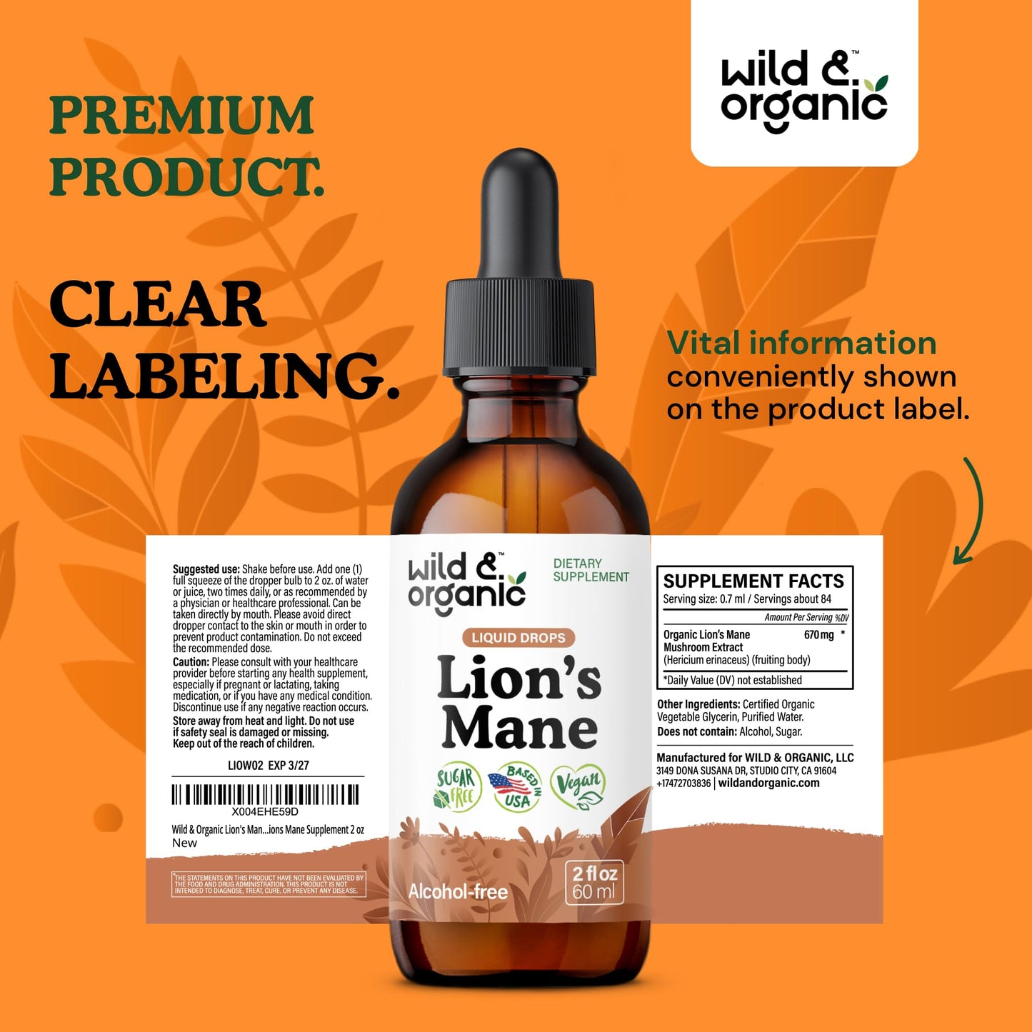 Wild & Organic Lions Mane Liquid Drops - Brain & Focus Support - Lion's Mane Mushroom Supplement - Hericium Erinaceus Mushroom Drops - Mix with Powder - Sugar & Alcohol-Free Extract Tincture - 4 oz - PrimeBioHealth - canada supplements