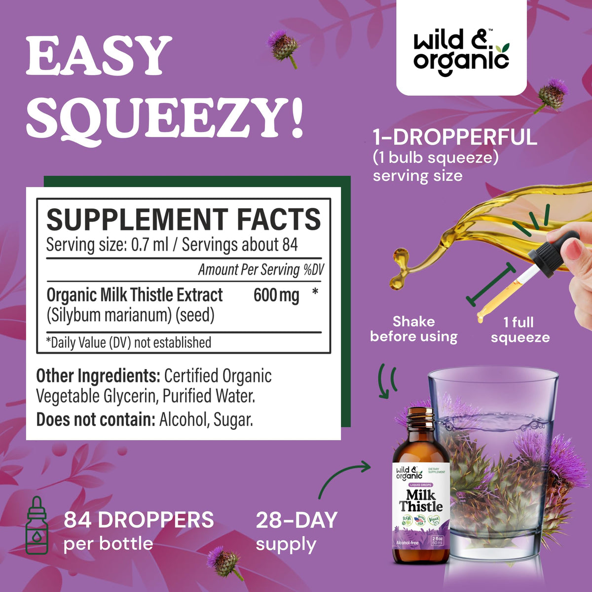 Wild & Organic Milk Thistle Liquid Drops - Liver Cleanse Detox - Silymarin Milk Thistle Supplement for Liver Support - Add to Tea - Silybum Marianum Seed Extract Tincture - Sugar & Alcohol-Free - 4 oz - PrimeBioHealth - canada supplements