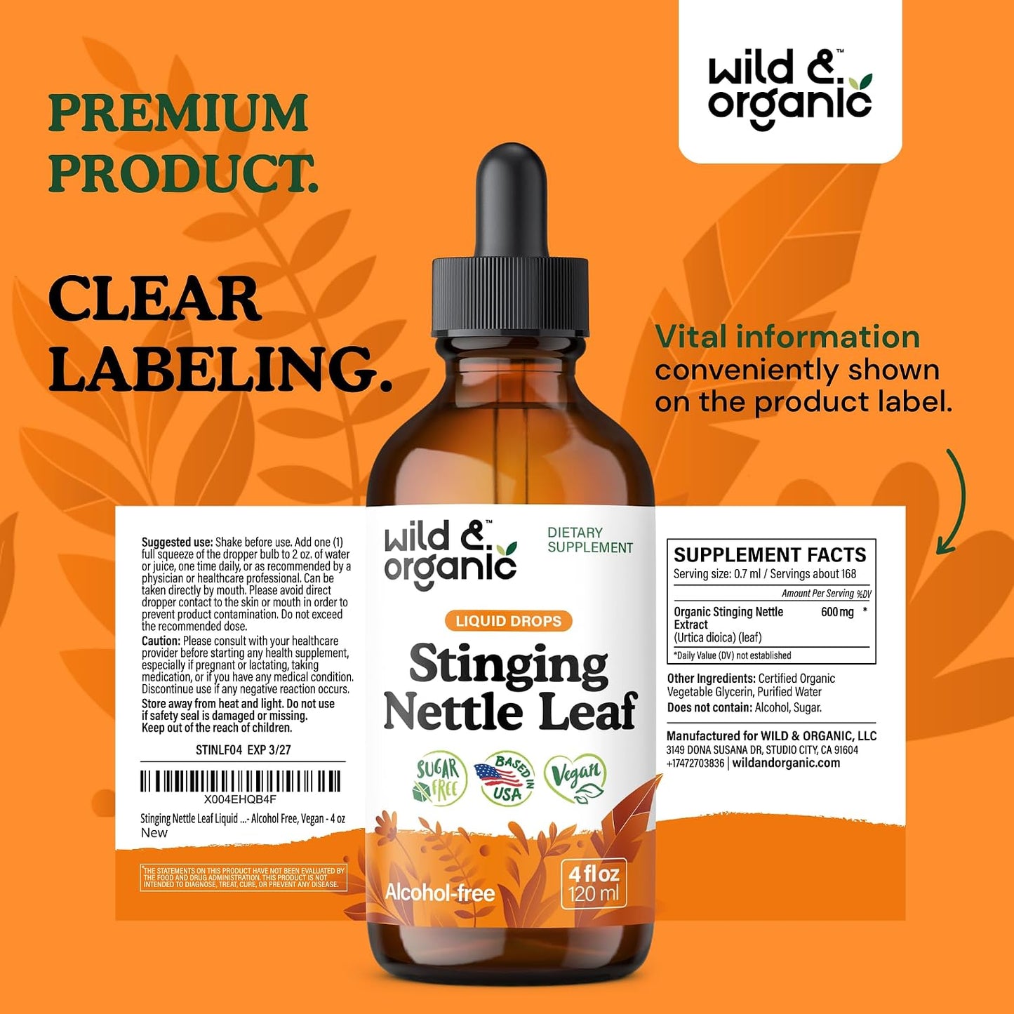 Wild & Organic Stinging Nettle Leaf Tincture - Urinary Tract Support - Stinging Nettle Extract Liquid Drops - Urtica Dioica Supplement - 5-Month Supply - Vegan, Sugar & Alcohol-Free - 4 fl oz - PrimeBioHealth - canada supplements