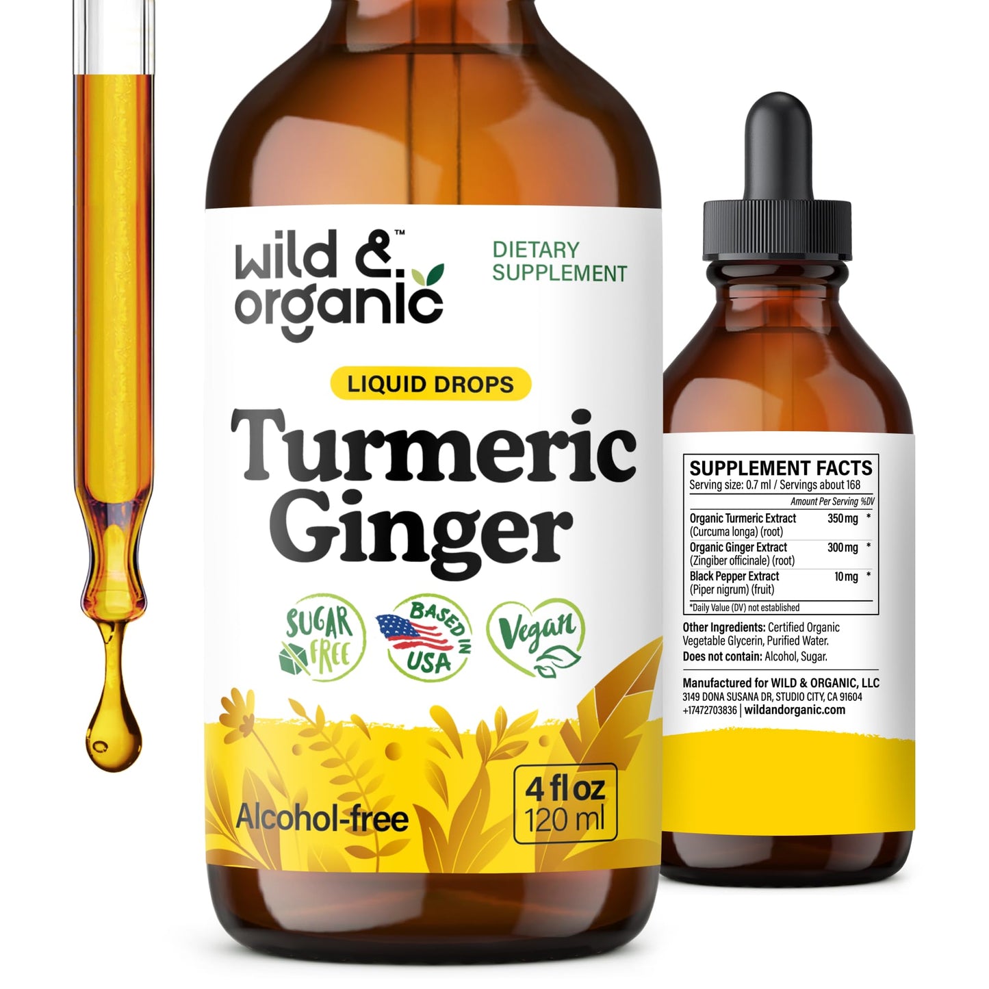 Wild & Organic Turmeric and Ginger Supplement - Movement & Immune Support - Liquid Turmeric Curcumin with Black Pepper and Ginger - Add to Tea Drops - Vegan, Sugar & Alcohol-Free Tincture - 4 oz - PrimeBioHealth - canada supplements