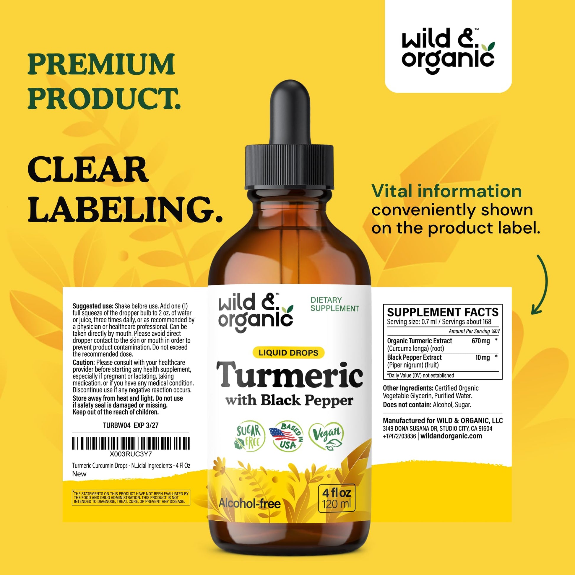 Wild & Organic Turmeric Supplement Liquid Drops - Movement & Immune Support - Liquid Turmeric with Black Pepper Extract - Add to Tea Tincture - Curcumin Supplements - Sugar & Alcohol-Free - 4 fl oz - PrimeBioHealth - canada supplements