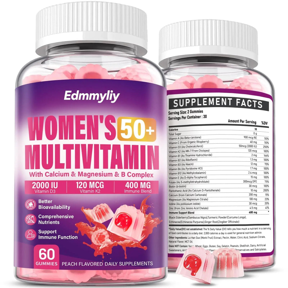Womens Multivitamin Gummy 50 and Over - Chewable Multi Vitamin A, C, D3, E, K2 & B Complex, Folate, Biotin, Calcium, Magnesium - PrimeBioHealth - canada supplements