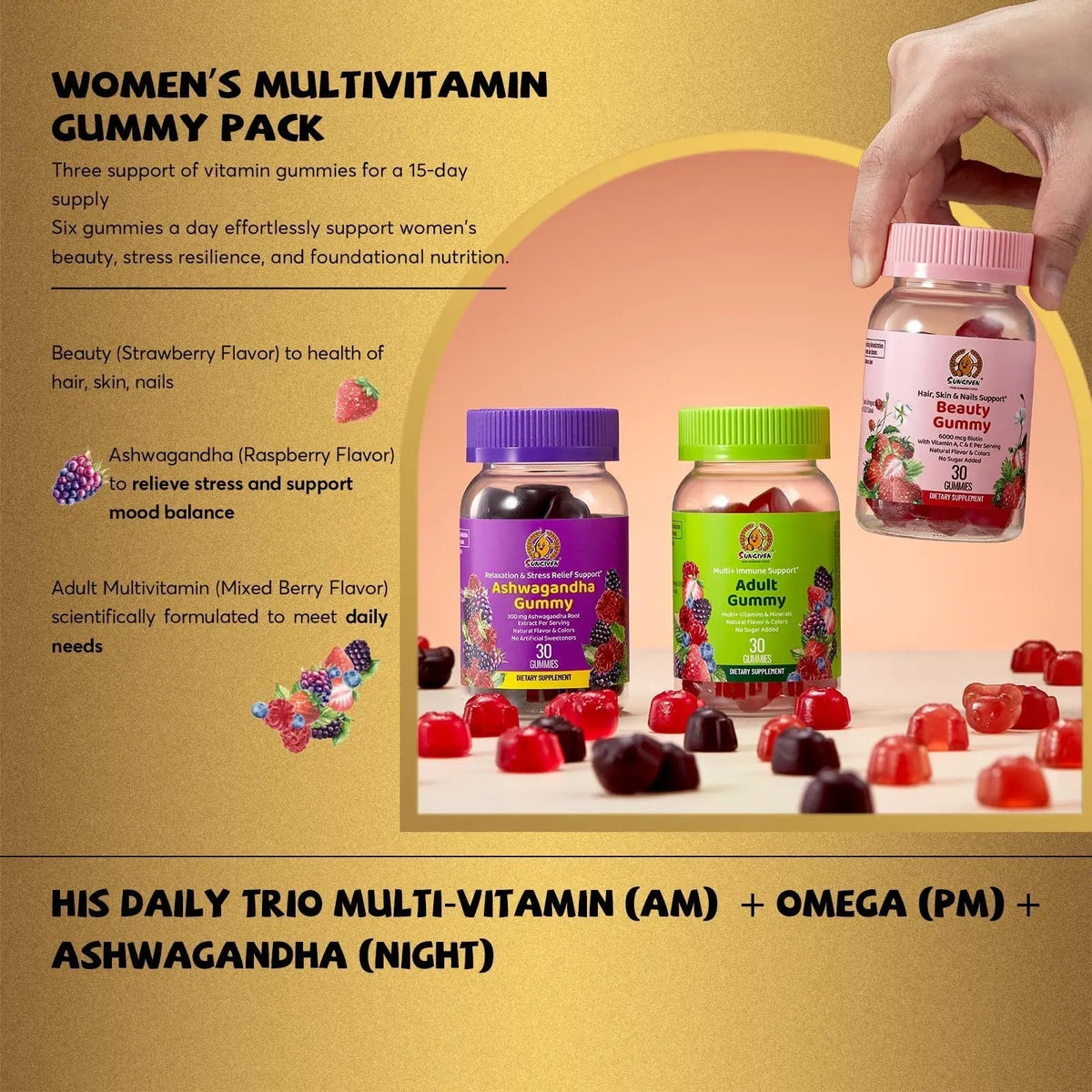 Women's Multivitamin Gummy Pack, 3 Support for Hair Skin Nails Sleep Daily Health, Vitamins A, D, C, E, Biotin, Ashwagandha - PrimeBioHealth - canada supplements