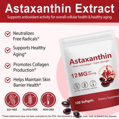 Xaarty Premium Astaxanthin 12mg, Natural Antioxidant Supplement for Eye, Joint, Skin Health,Microalgae Source, 4 Month Supply - PrimeBioHealth - canada supplements