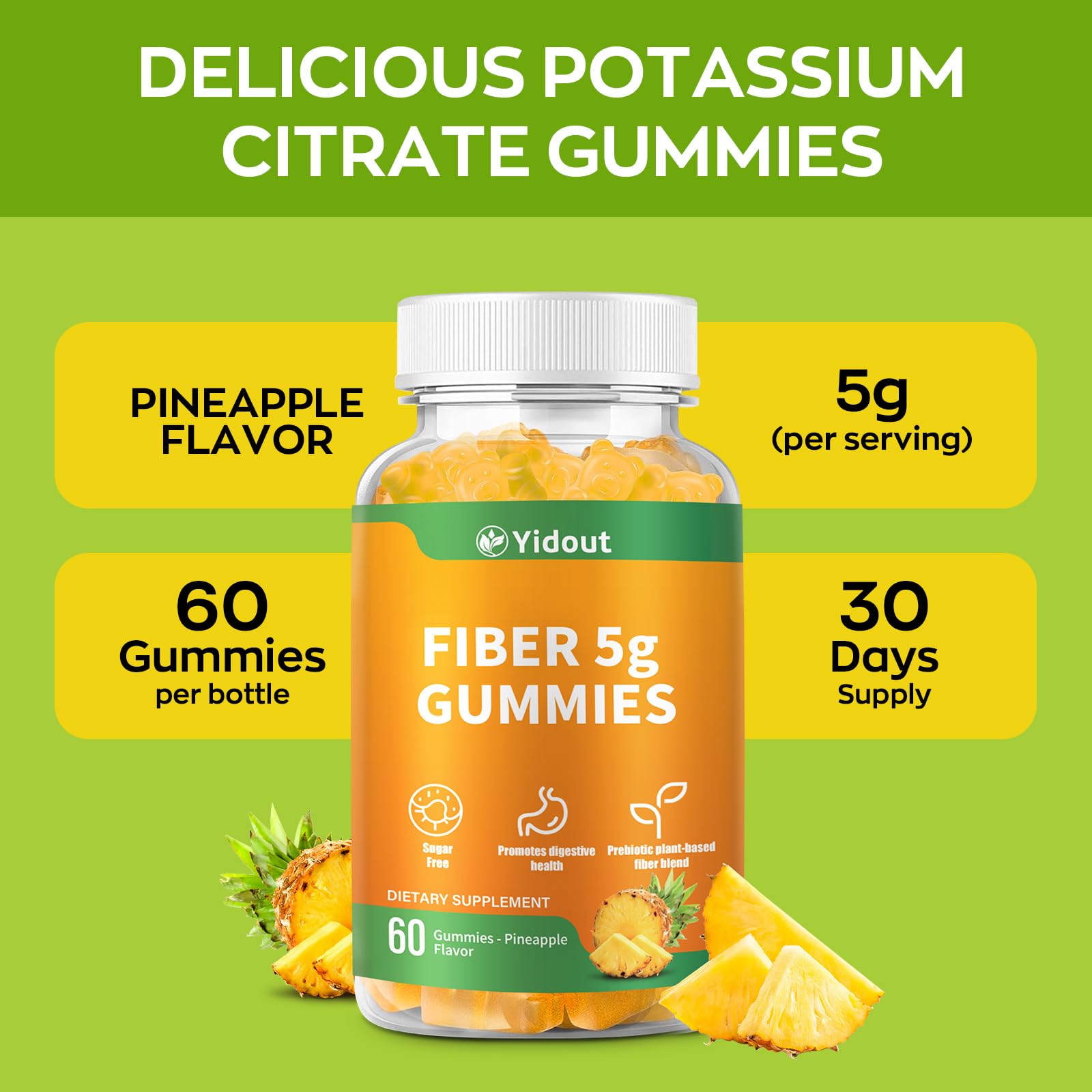 Yidout Fiber Gummies for Adults with Probiotics，No Sugar Added Pineapple Flavor, Promotes Gut Health and Regulate Bowel Movement, Vegan (60 Count（Pack of 1）) - PrimeBioHealth - canada supplements