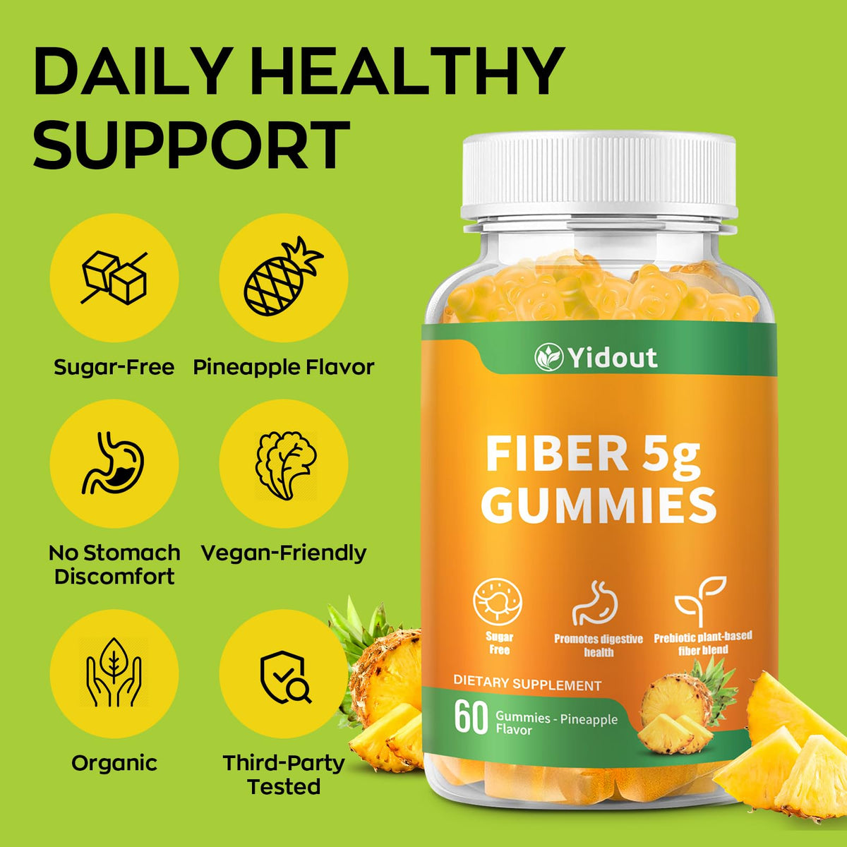 Yidout Fiber Gummies for Adults with Probiotics，No Sugar Added Pineapple Flavor, Promotes Gut Health and Regulate Bowel Movement, Vegan (60 Count（Pack of 1）) - PrimeBioHealth - canada supplements