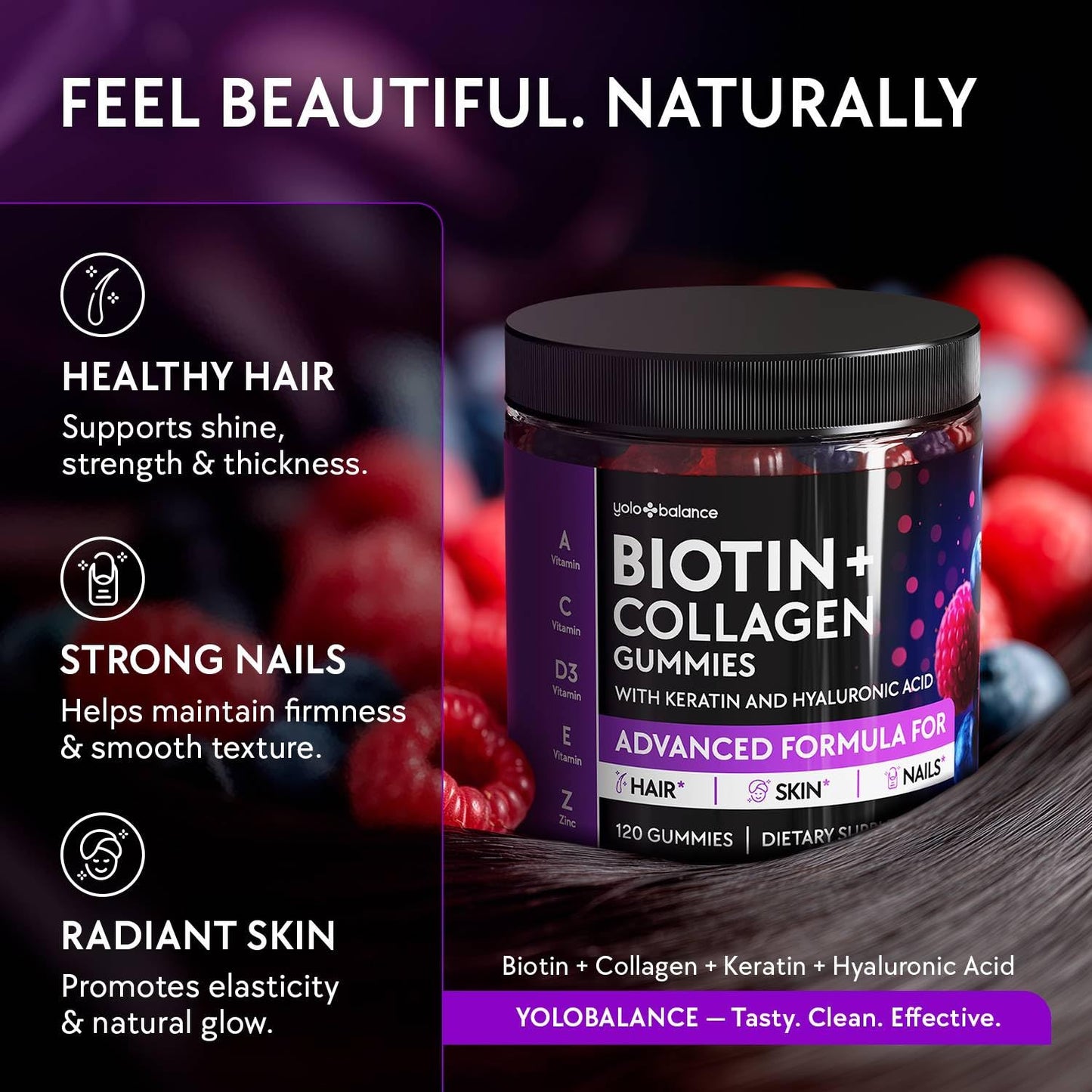 YOLOBALANCE Biotin Gummies 10000mcg for Hair Growth Support - Sugar Free Multi Collagen with Keratin, Silica & Hyaluronic Acid - Pectin Based, - PrimeBioHealth - canada supplements