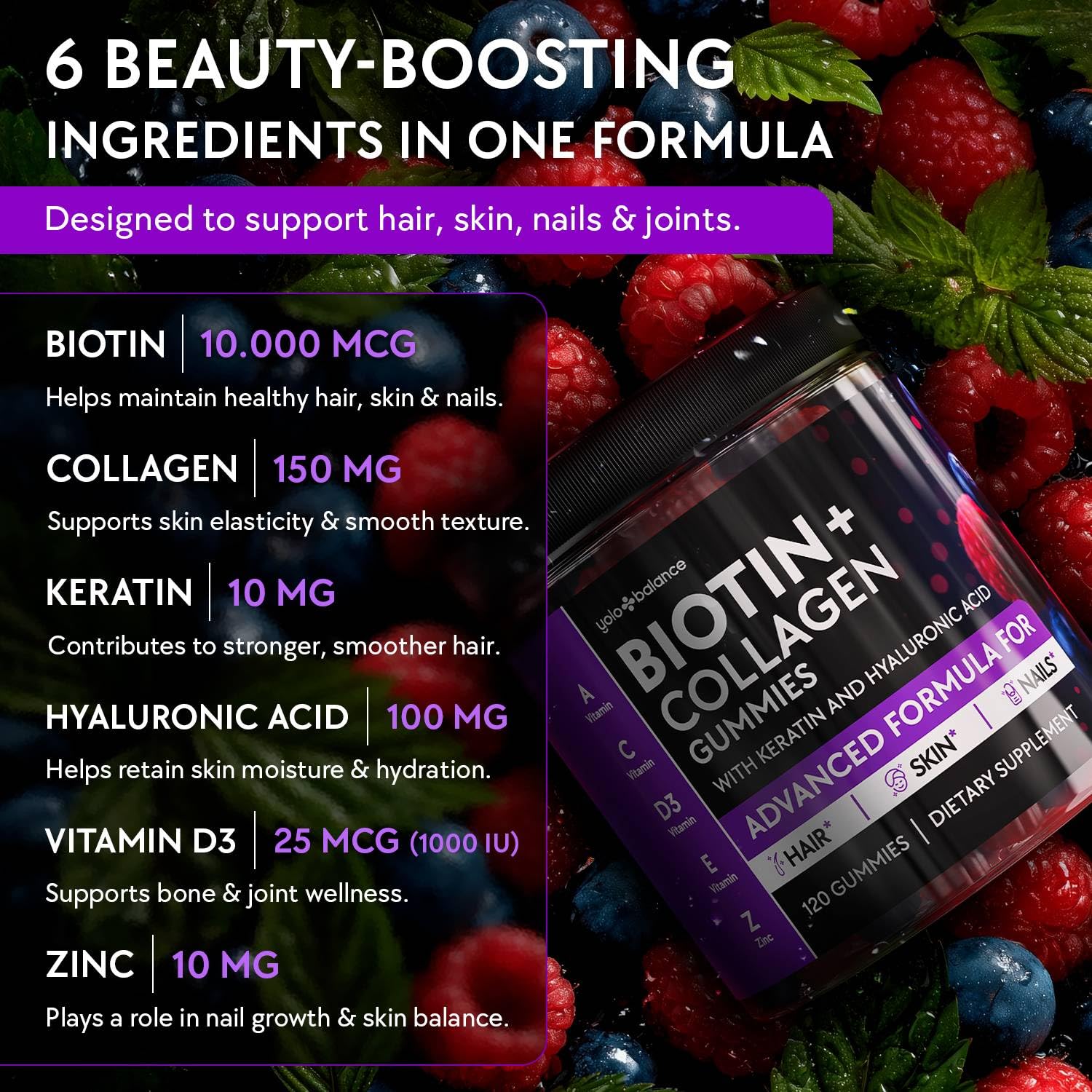 YOLOBALANCE Biotin Gummies 10000mcg for Hair Growth Support - Sugar Free Multi Collagen with Keratin, Silica & Hyaluronic Acid - Pectin Based, - PrimeBioHealth - canada supplements