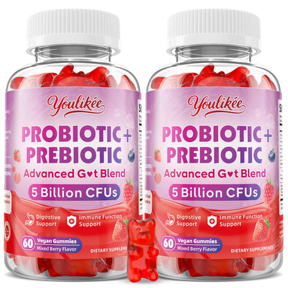 Youlikee 2 Pack Prebiotic + Probiotic Gummies for Women and Men, Probiotic Gummies Supports Gut Health, 5 Billion CFUs with Fibers, - PrimeBioHealth - canada supplements